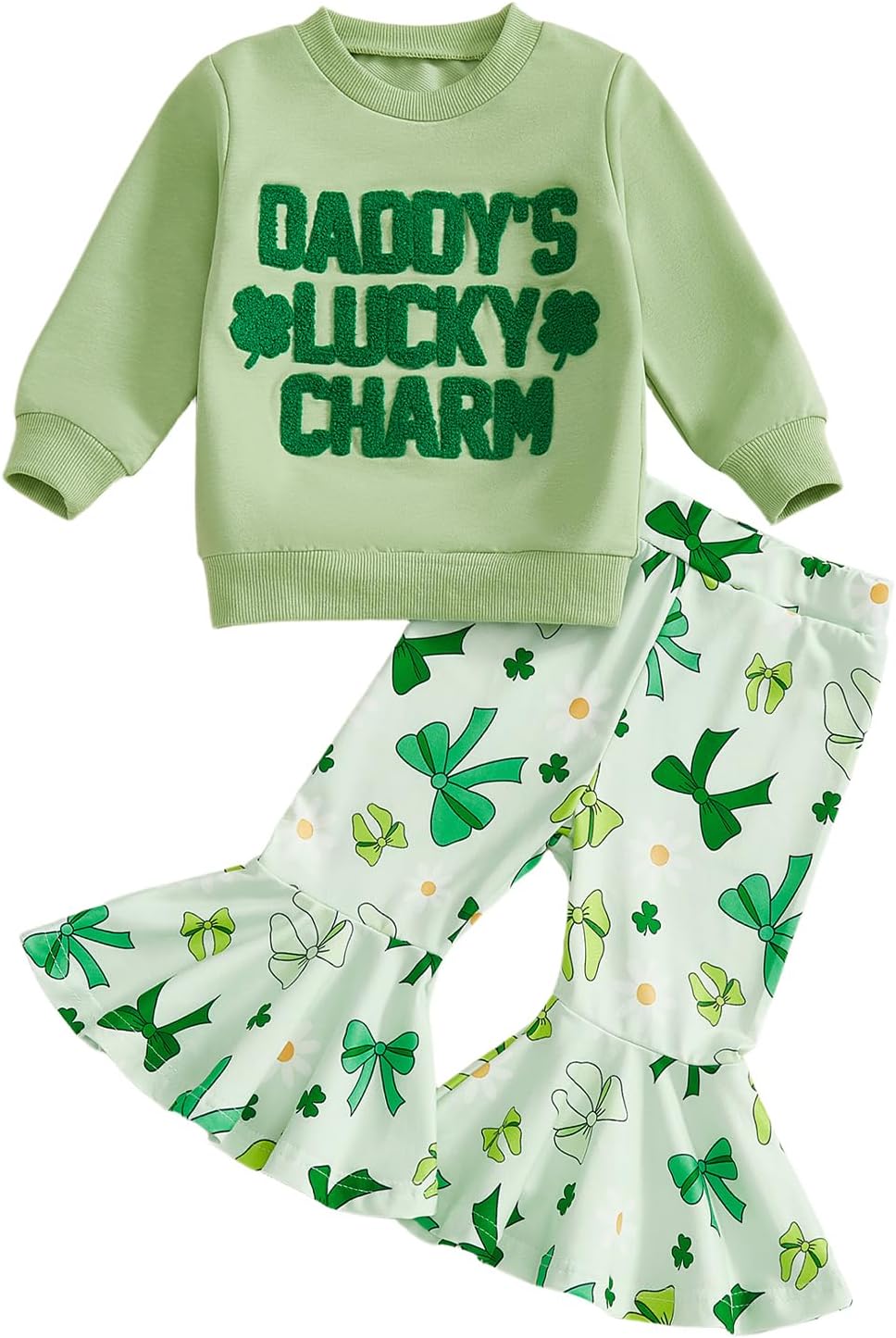 Toddler Baby Girl St Patricks Day Outfit Embroidered Long Sleeve Sweatshirt Top Flared Pants 2Pcs Set Irish Clothes