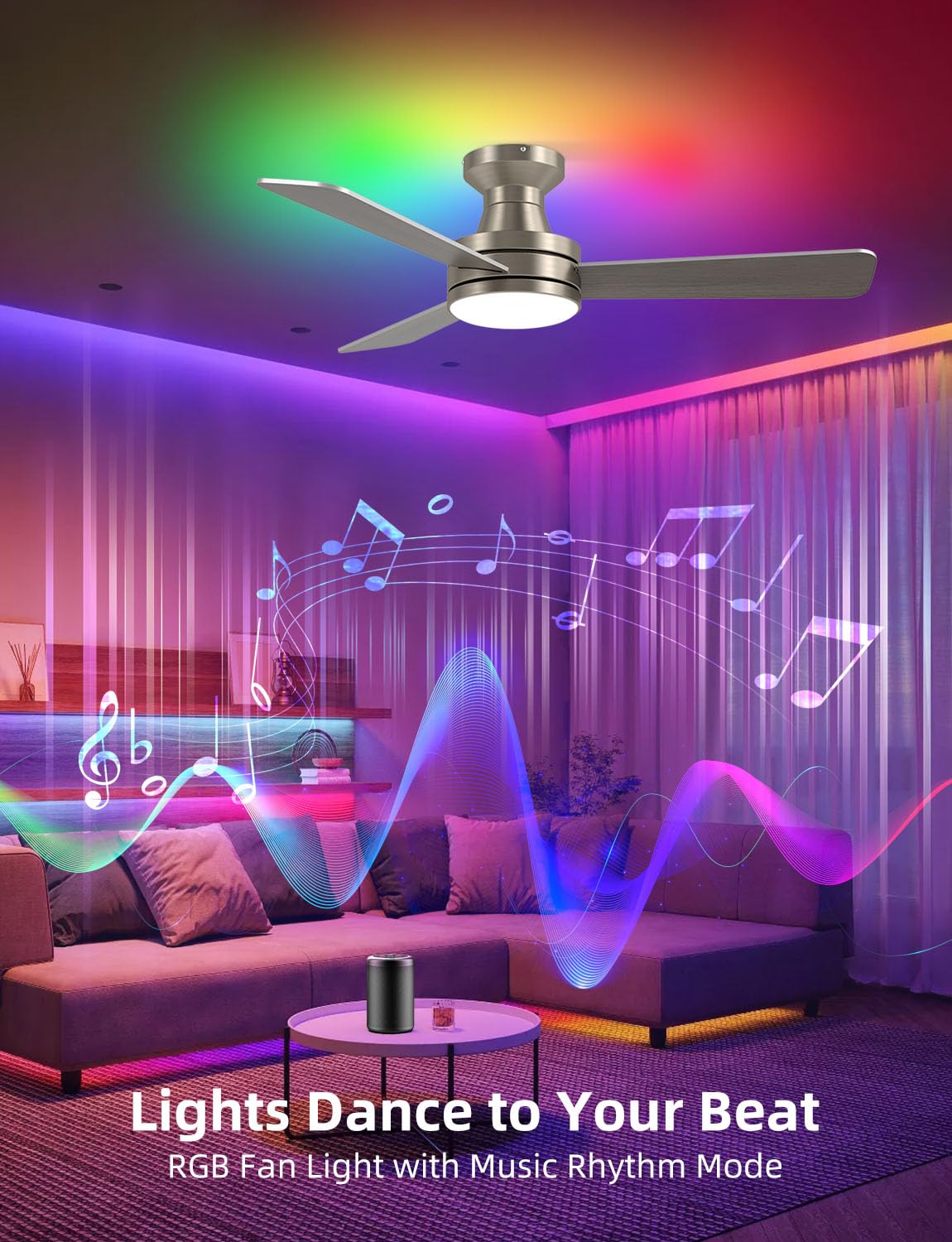 42 RGB Ceiling Fan with Light Music Sync Smart Fan with Alexa Google App Control Low Profile Flush — view 4