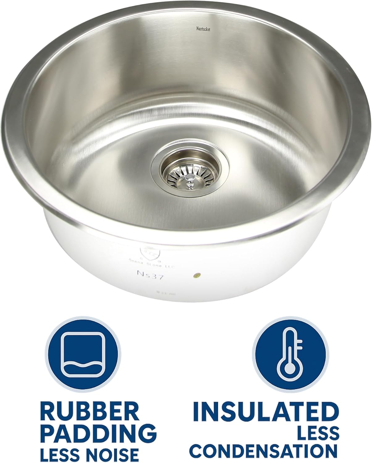 Nantucket Sinks NS37 Bar Sink –18" Small Kitchen Sink for Wet Bar or Prep Area, 304 Stainless Steel, 18 Gauge, Round, Undermount Single Bowl, Satin Finish, Rubber Padding, Insulated