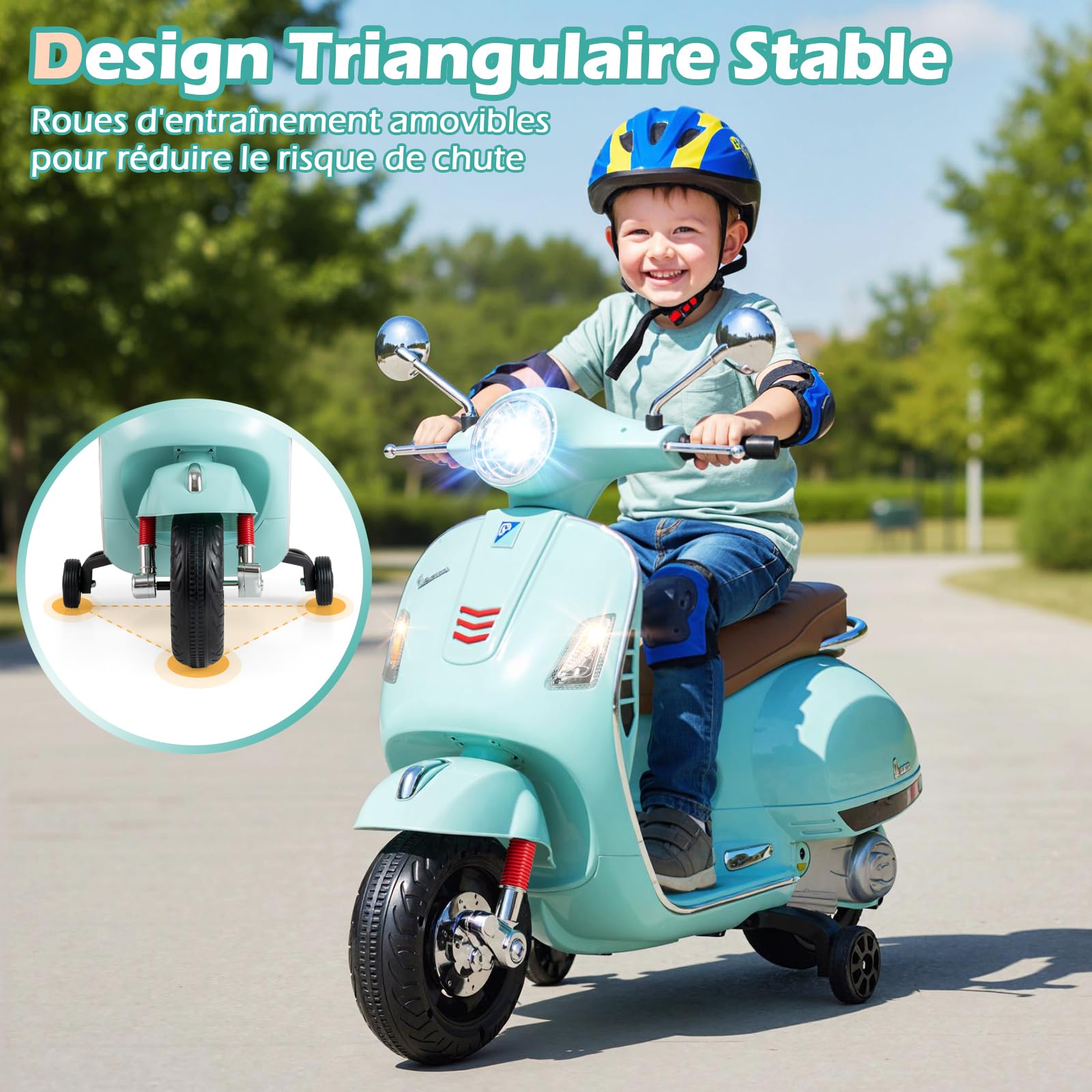 COSTWAY 12V Vespa Moto Électrique Enfant avec Musique Klaxon Histoires Phares LED, Voiture Électrique Enfant avec Roues d'Entraînement Amovibles et Pédale, 2-3 km/h, Charge 30 kg, 3-6 Ans (Vert)