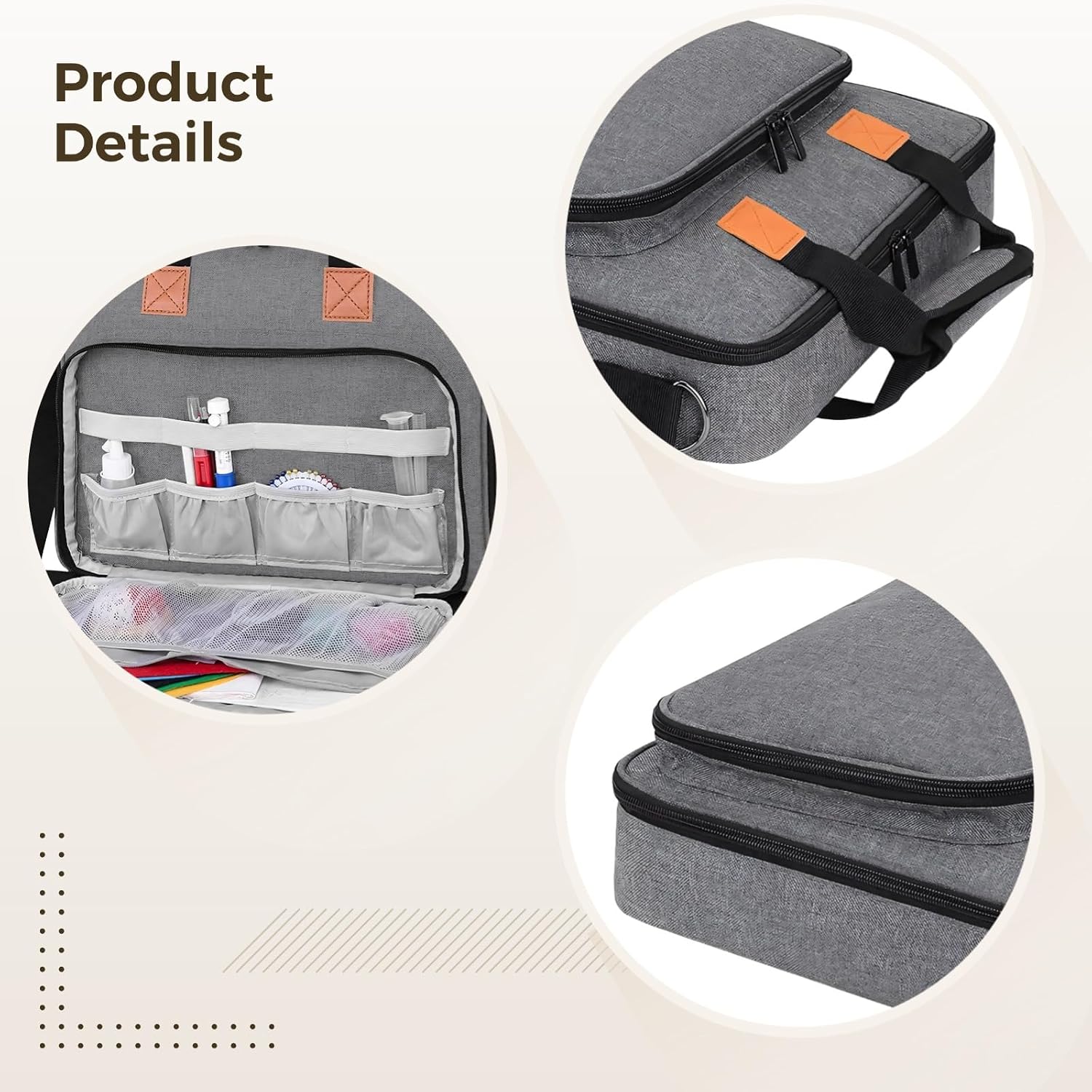 Black Embroidery Organizer Bag With Orange Leather Accents, Water-Resistant Storage For Kits, Adjustable Strap, 15.25 X 12.5 X 3 Inches