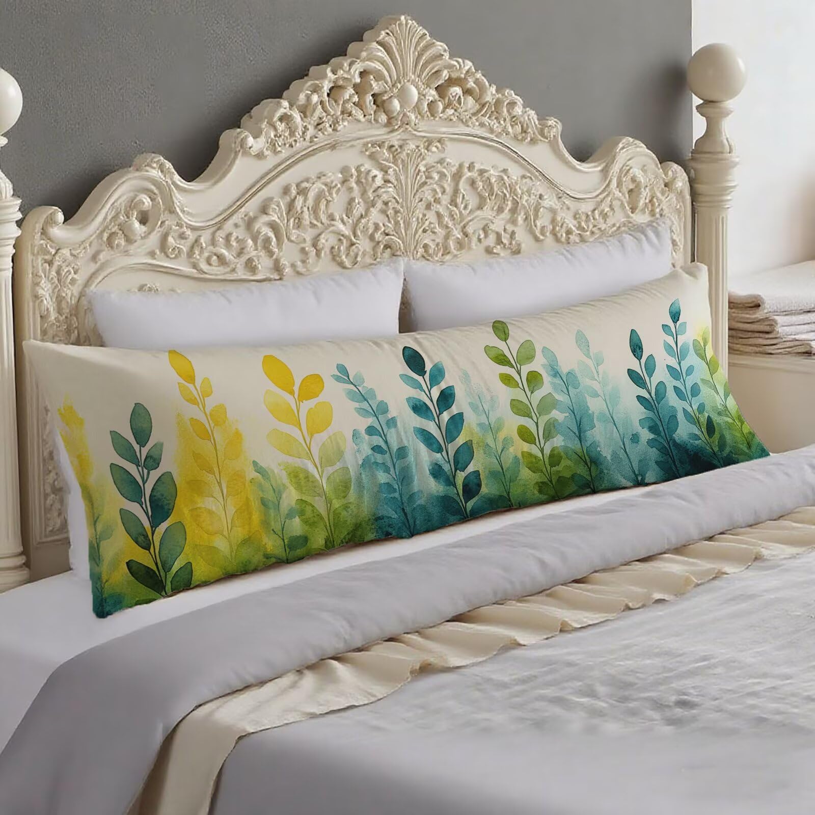 Taie oreiller vert motif et housse traversin 40x120 cm de chambre