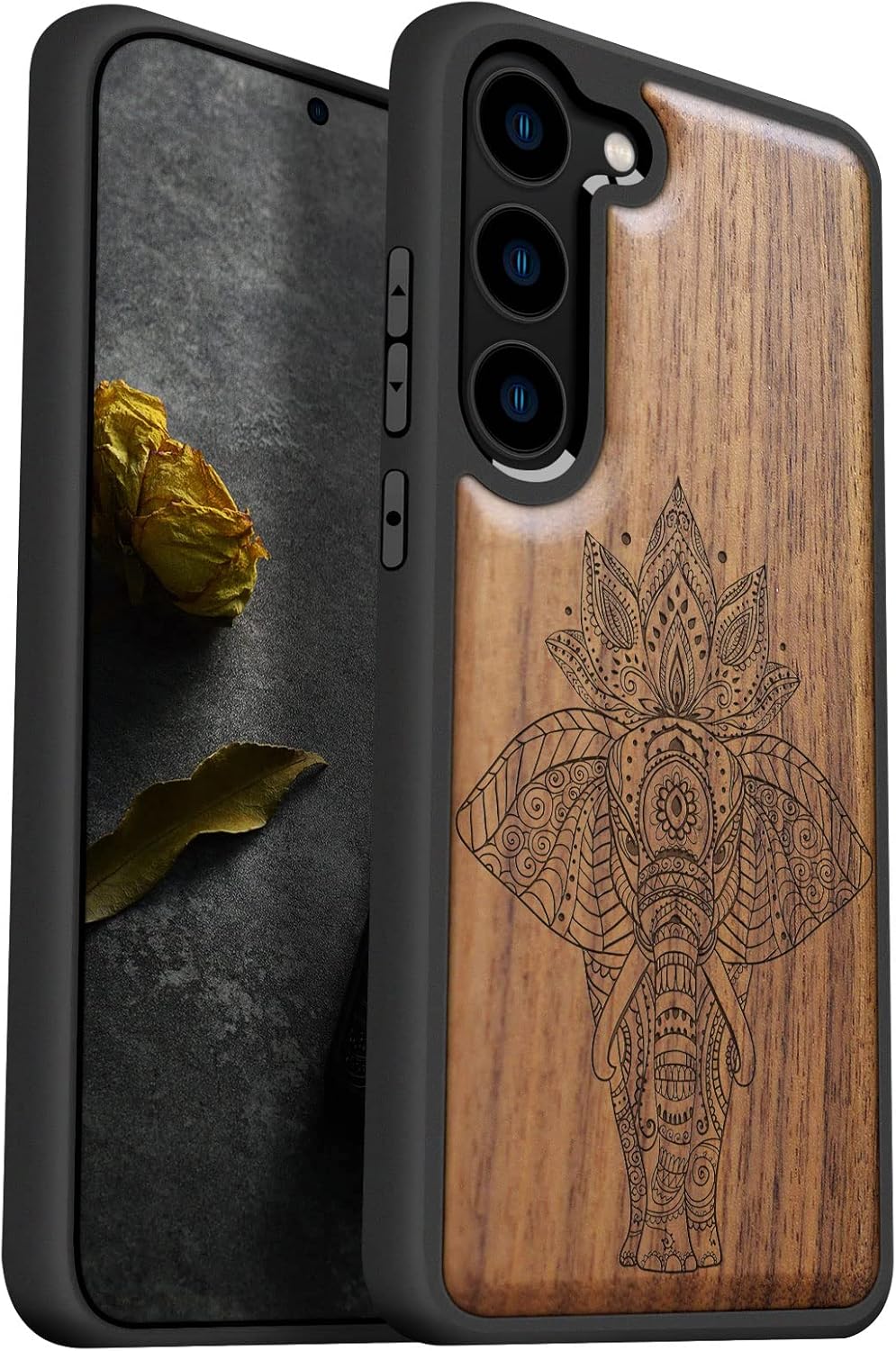 Carveit Wood Case for Galaxy S23 Plus Case [Natural Wood & Black Soft TPU] Shockproof Protective Cover Unique & Classy Wooden Design Compatible with S23 Plus (Elephant-Walnut)
