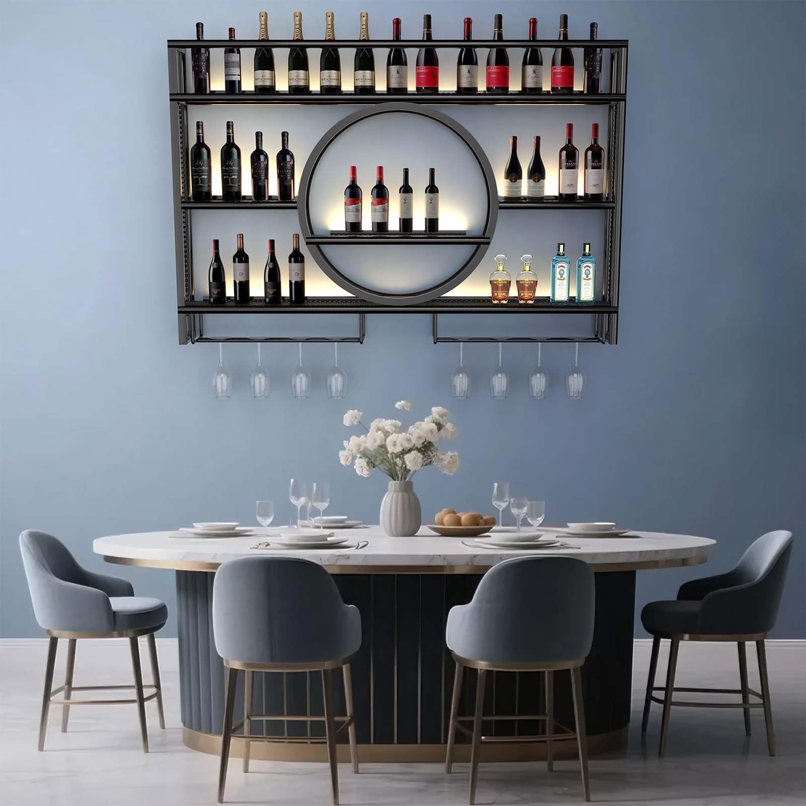 Estantería industrial para vino montada en la pared, soporte flotante para exhibición de vino con LED y rayas de sombreado, estantería multifuncional para el hogar, restaurante, bares (Black, 120CM)
