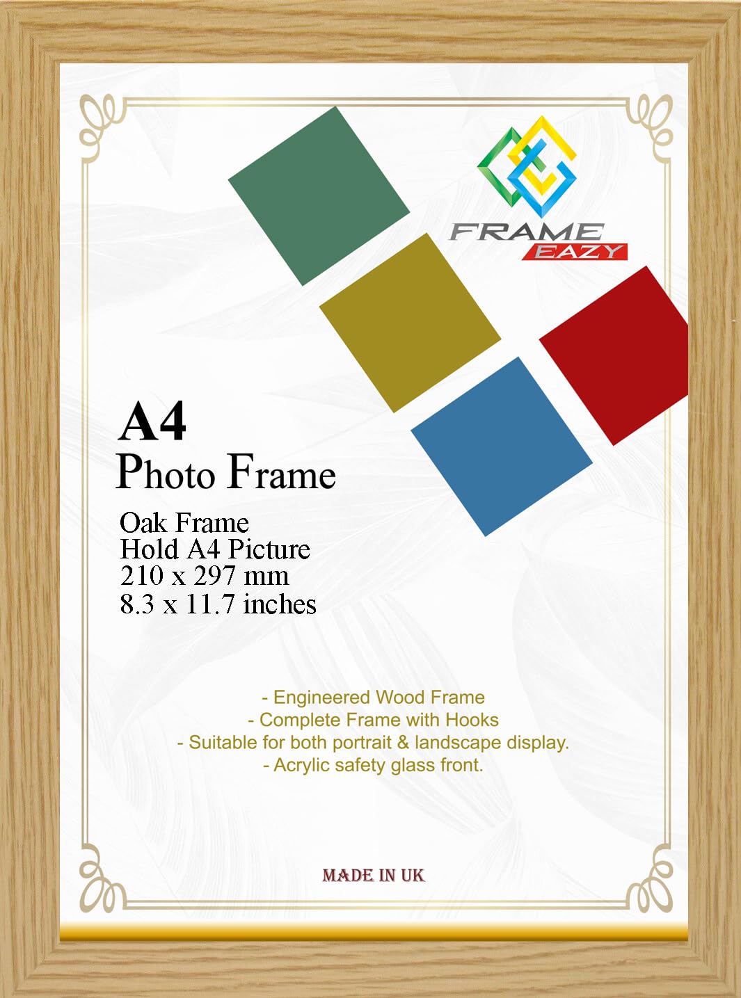 FRAME EAZY Modern Oak A4 Photo Frame in Size 29.7 x 21cm Picture Frames - A4 Certificate Frame - Picture Frame - Oak Frame with Clear Safe Perspex Front & Wall Mounted Hooks & Stand