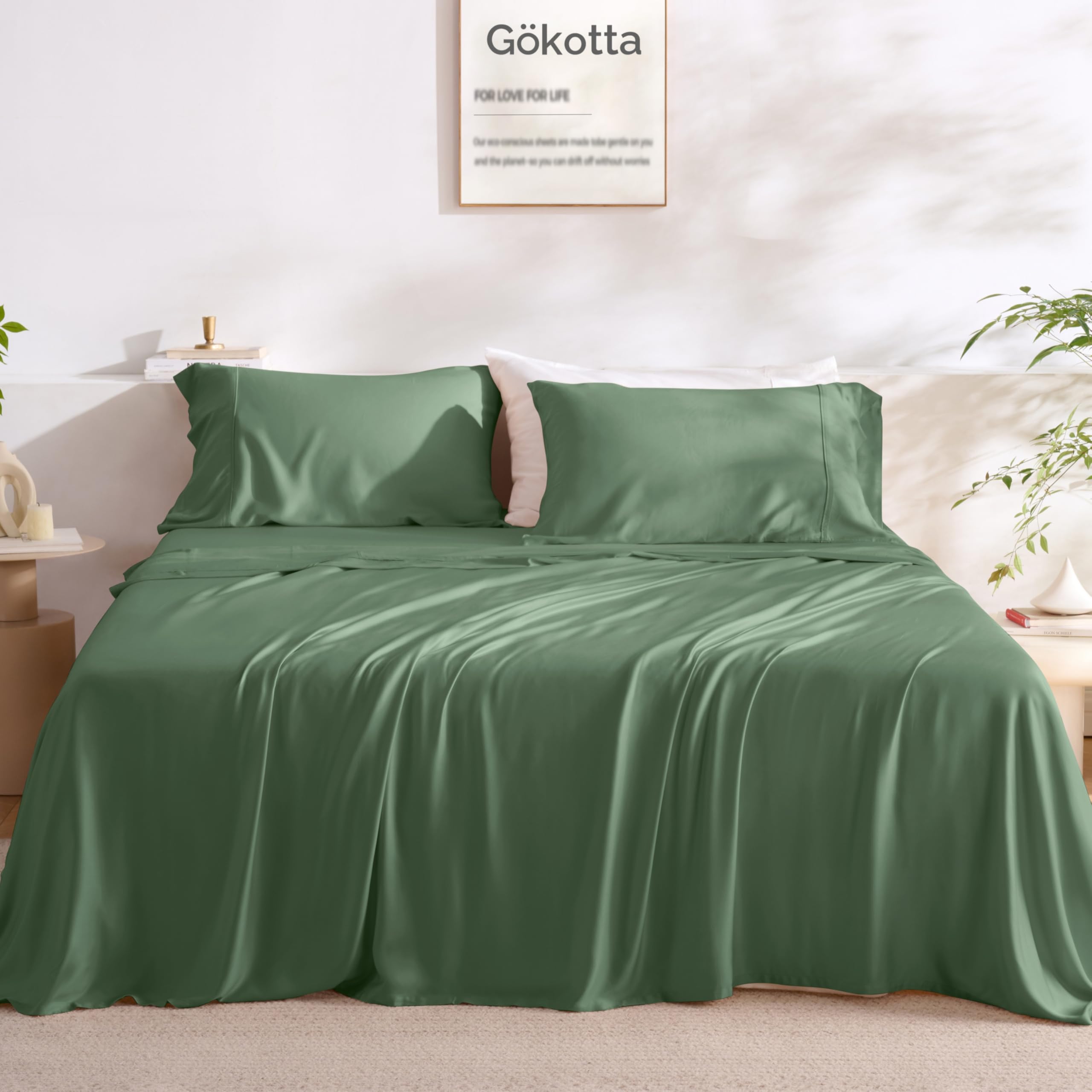 GOKOTTA FSC® Certified Bamboo Rayon Sheets Split King Size, 16 Inch Pocket Fitted Sheet with Elastic Corner Straps,Cooling Breathable Luxury and Soft Bed Sheets 5 Piece (Green, Split King)