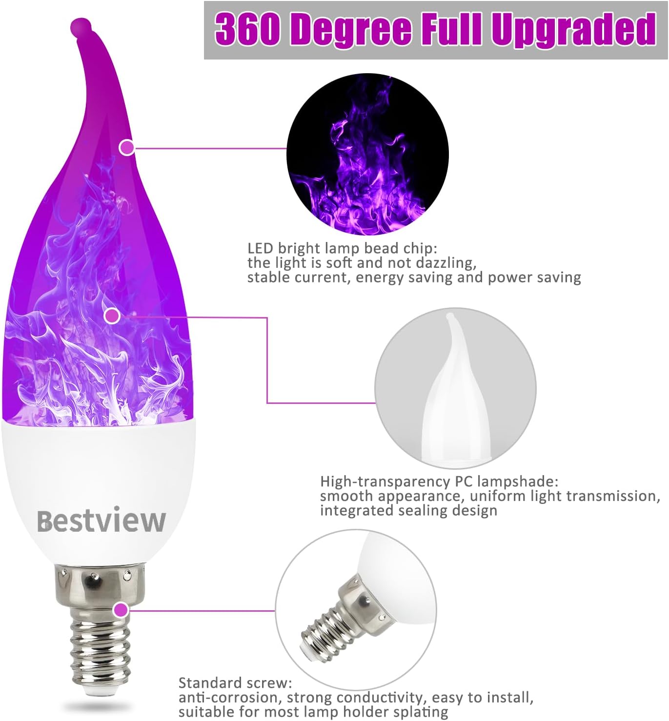 Bestview LED Flame Effect Light Bulbs,3 Modes Flickering Light Bulbs, Smart E12 Chandelier Base Candle Fire Light Bulb for Halloween, Christmas, Porch Indoor&Outdoor Decoration -6 Pack(Purple)