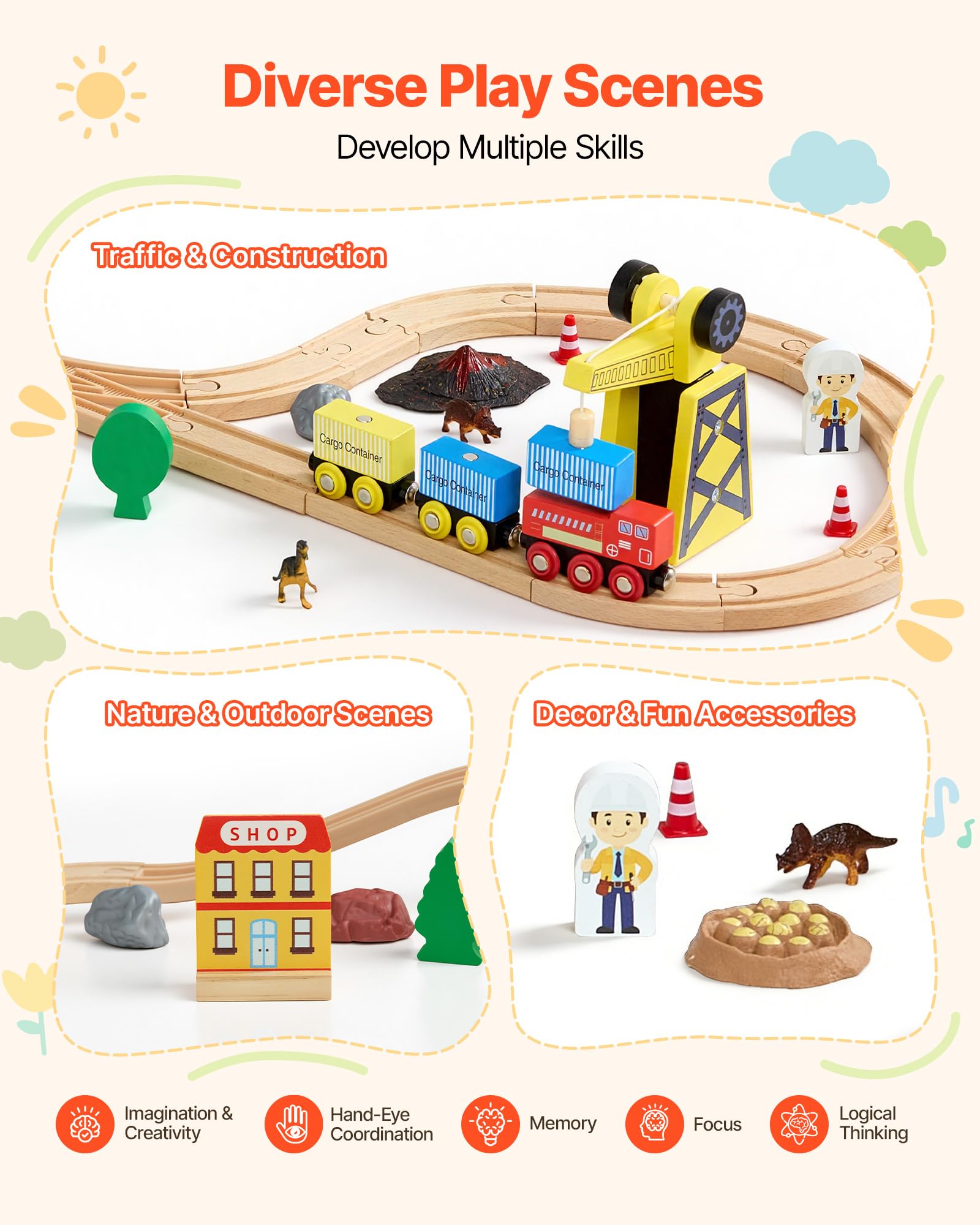 VEVOR Juego de Tren de Madera con Pistas, 70 Piezas con Accesorios, Grúa Magnética Camión Dinosaurio, Diseños Múltiples, Set Educativo, Juguete Compatible con Marcas Principales para Niños 3 a 8 Años