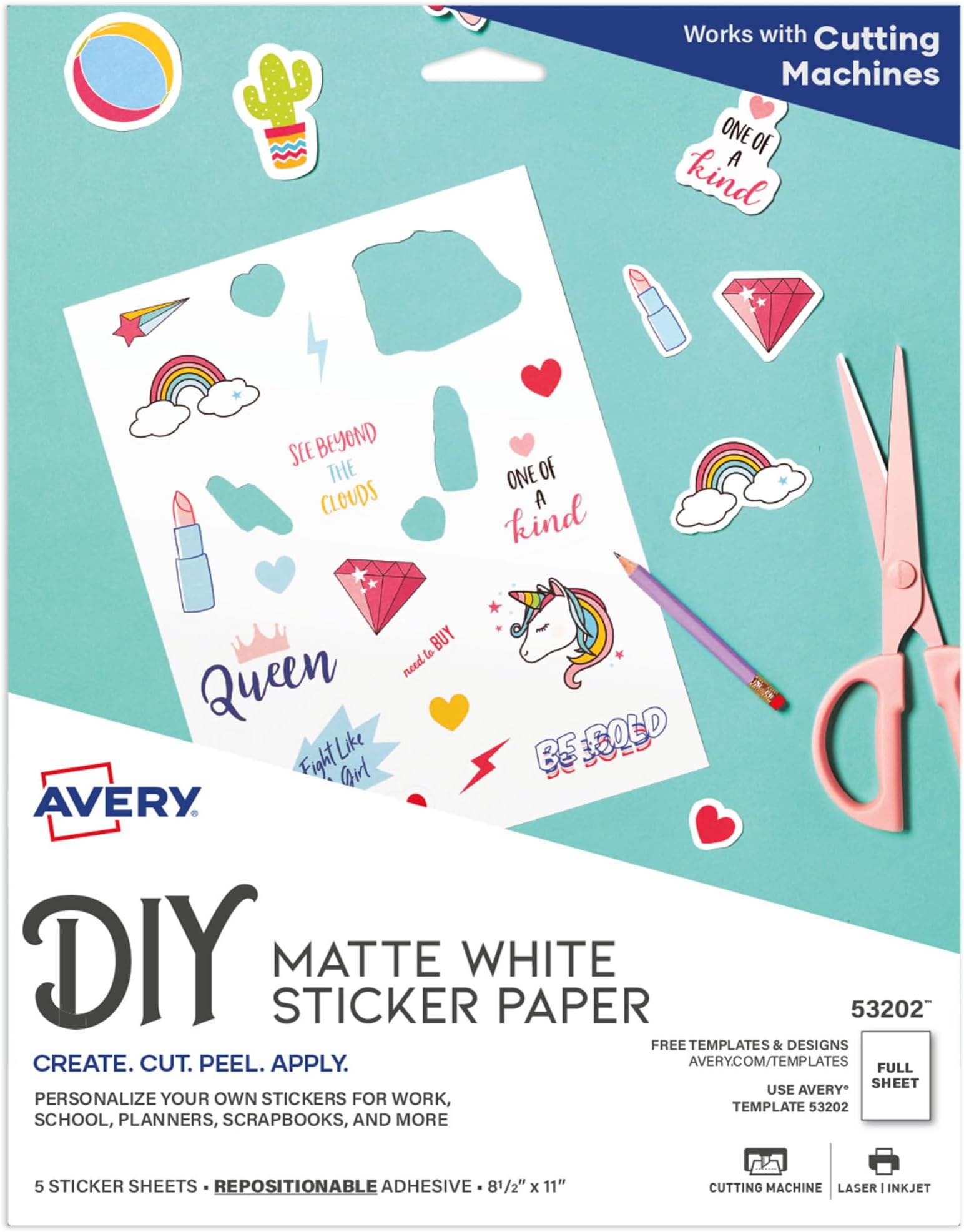 Avery Printable Sticker Paper, 8.5" x 11", Matte White, Repositionable Adhesive, Laser/Inkjet Compatible, 5 Full-Size Label Sheets, Great for Product Branding, Cute Stickers, Crafts, and More (53202)