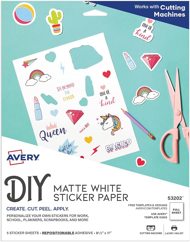 Papel adhesivo imprimible, 8.5" x 11", blanco mate, adhesivo reposicionable, compatible con láser/inyección de tinta, 5 hojas de etiquetas de tamaño completo, ideal para la marca del producto, bonitas pegatinas, manualidades y más (53202)