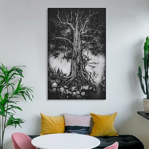 Miniatura 6 de Póster de árbol de la muerte oscuro en blanco y negro, diseño gótico de calavera aterradora, decoración de pared en lienzo, decoración del hogar,