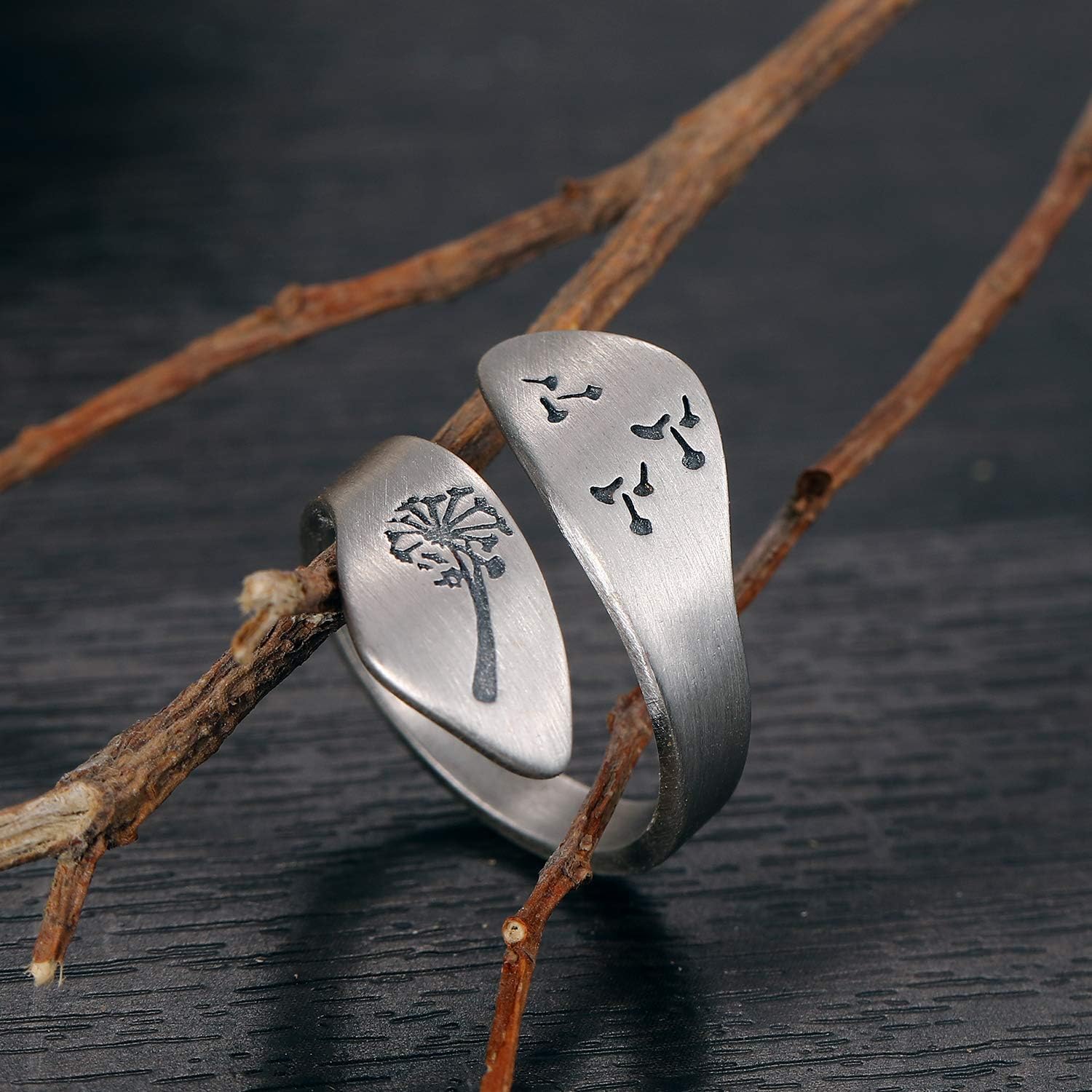 LOVECOM 925 Sterling Silver Dandelion Open Rings for Women Men Wedding Bands Vintage Love Nature Plants Wide Hugging Wrape Rings Silver Jewelry Birthday Gifts for Mother Daughter