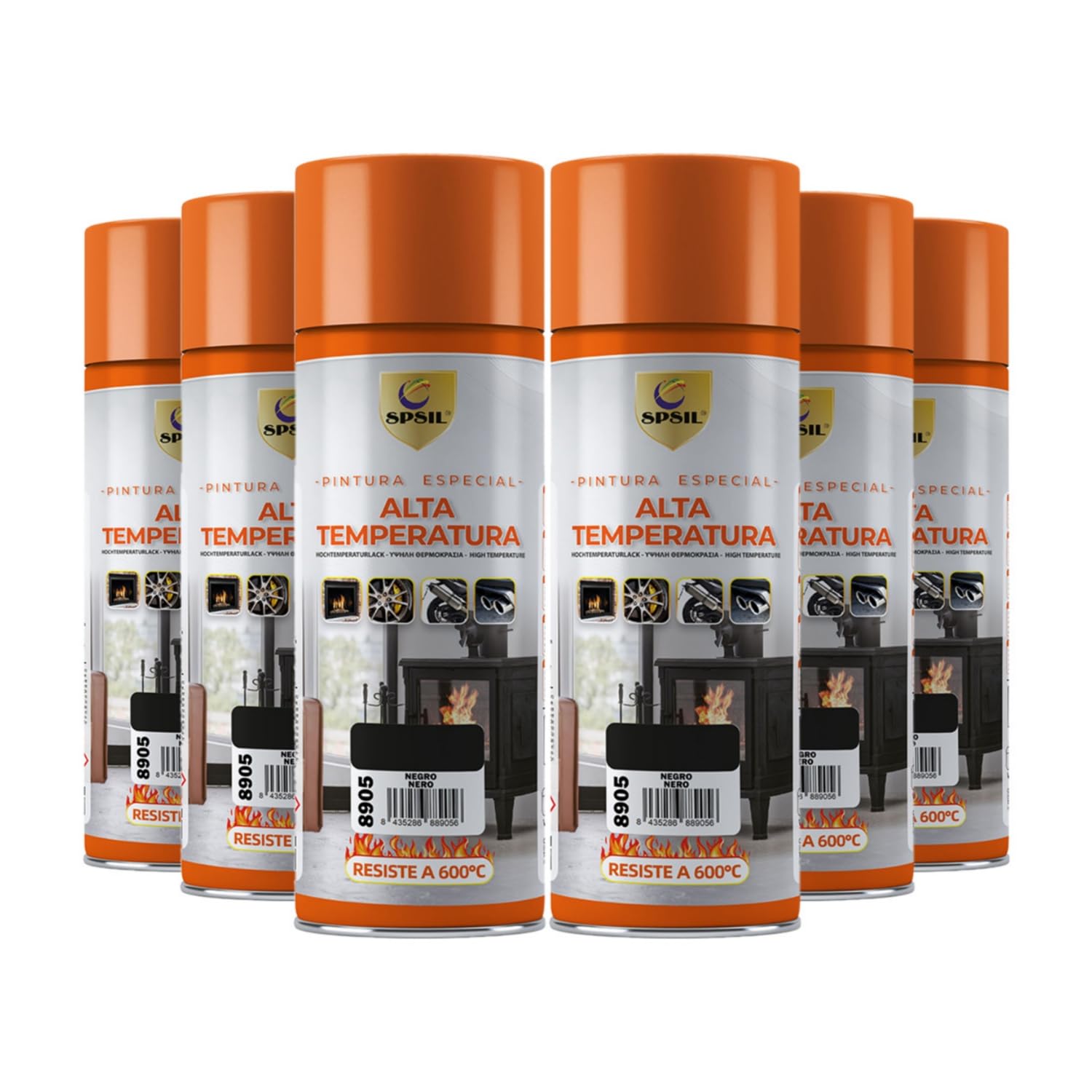 SPSIL Spray Pintura Temperatura Anticalorica Negro 400ml (pack of 6),Protección Anticorrosión para Radiadores, Motores, Parrillas y Más,Pintura para Coche y Moto,Resistencia 600°C