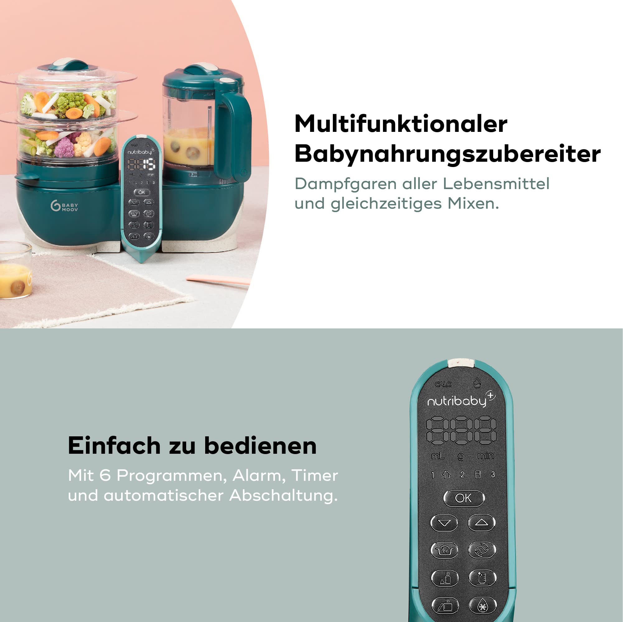 Babymoov Set Nutribaby Plus Opal Green - Babynahrungszubereiter, 2200ml Fassungsvermögen + Babybols Aufbewahrungsbehälter für Babynahrung 15-teilig (3x120ml + 3x180ml + 6x250ml + 3 flexible Löffel)