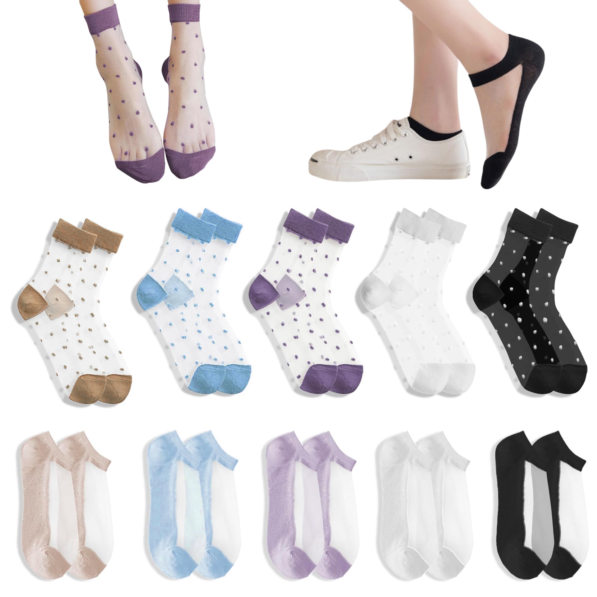 Piacolnic 10 Pairs Sheer Socks Women, 2 Styles See Through Socks Women, Transparent Ankle Socks Nylon Glass Silk Sock Summer Breathable Ruffle Sheer Mesh Sock for Women