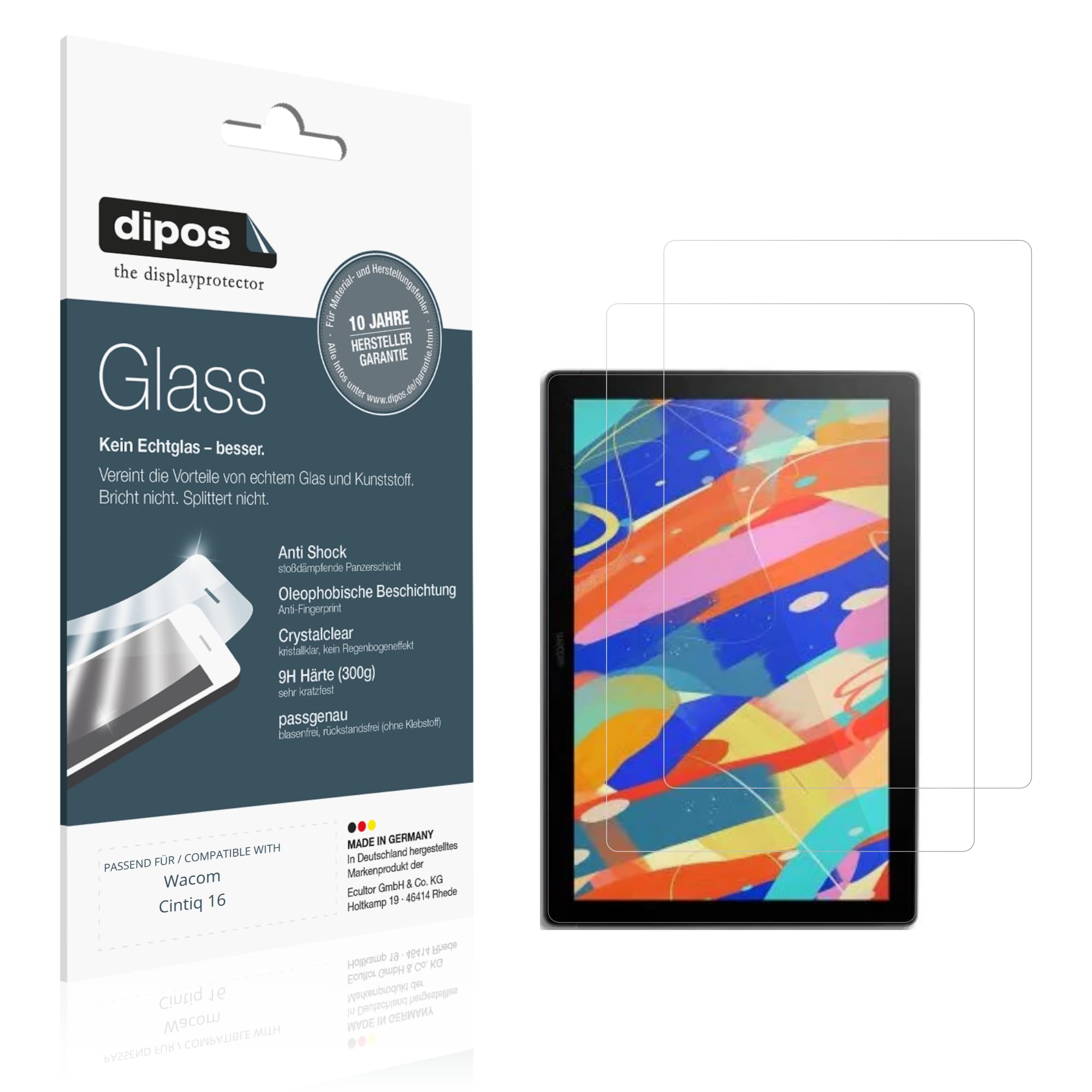 dipos 2x Pellicola Protettiva 9H trasparente per Wacom Cintiq 16 | Non si rompe e non si scheggia, non è vero vetro, Anti-Shock, si adatta perfettamente, antigraffio, senza bolle, autoadesiva