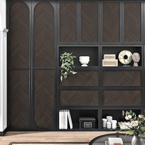 Miniatura 4 de Wallercity Papel tapiz de espiga marrón de 24 x 118 pulgadas, papel tapiz de rayas modernas, papel tapiz de grano de madera para gabinetes, papel de