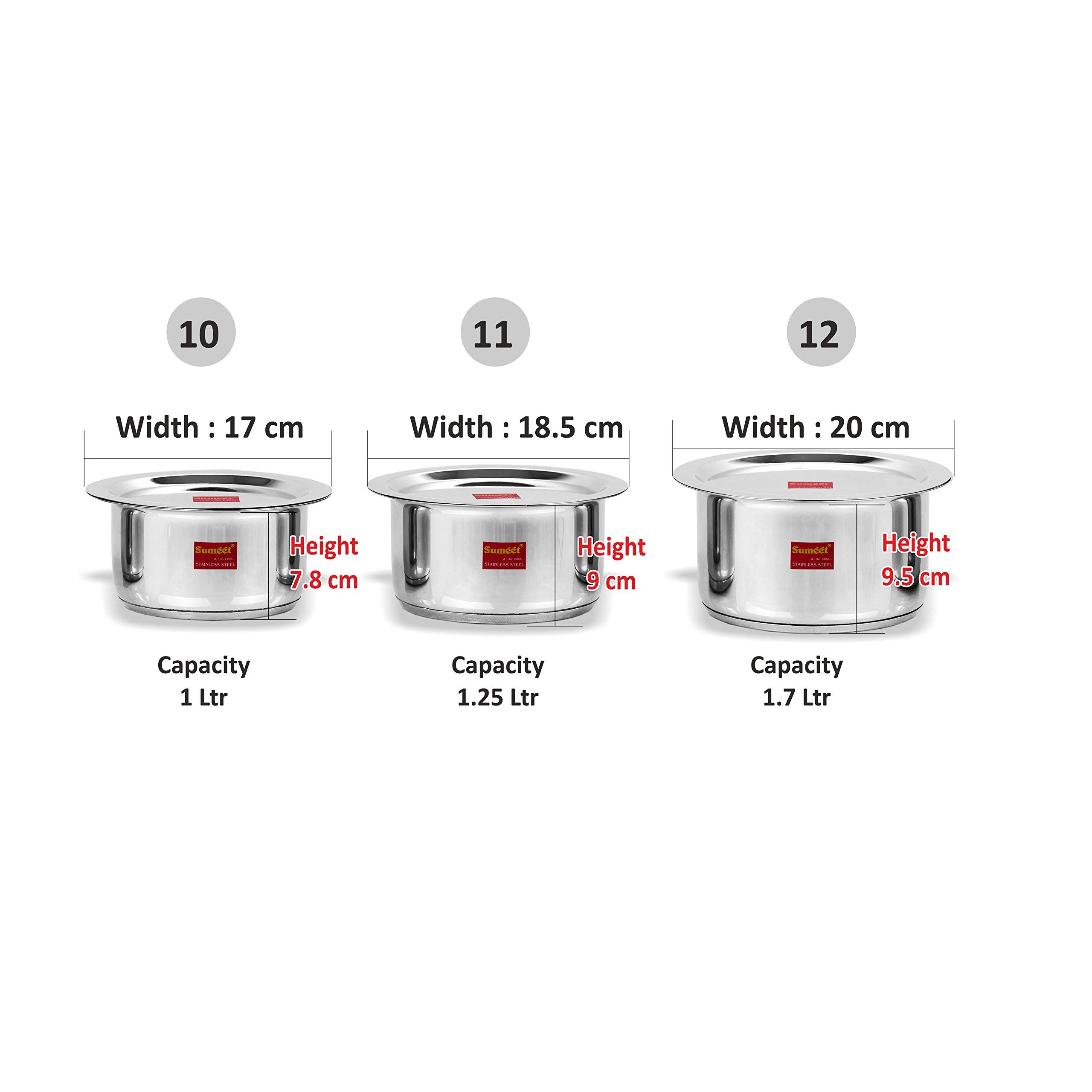 Sumeet 3 Pcs Stainless Steel Induction Bottom (Encapsulated Bottom) Induction & Gas Stove Friendly Container Set/Tope/Cookware Set With Lids Size No.10 To No.12 (1 Liter To 1.7 Liter) 2