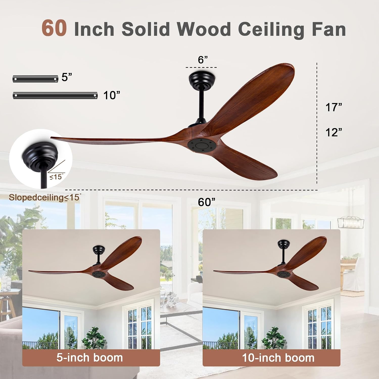 60" Ceiling Fan [No Light with Remote Control], Indoor Outdoor Ceiling Fan [with 3 Wooden Blades] for Patio, Living Room, Bedroom, Office, Farmhouse. Black + Walnut Color.