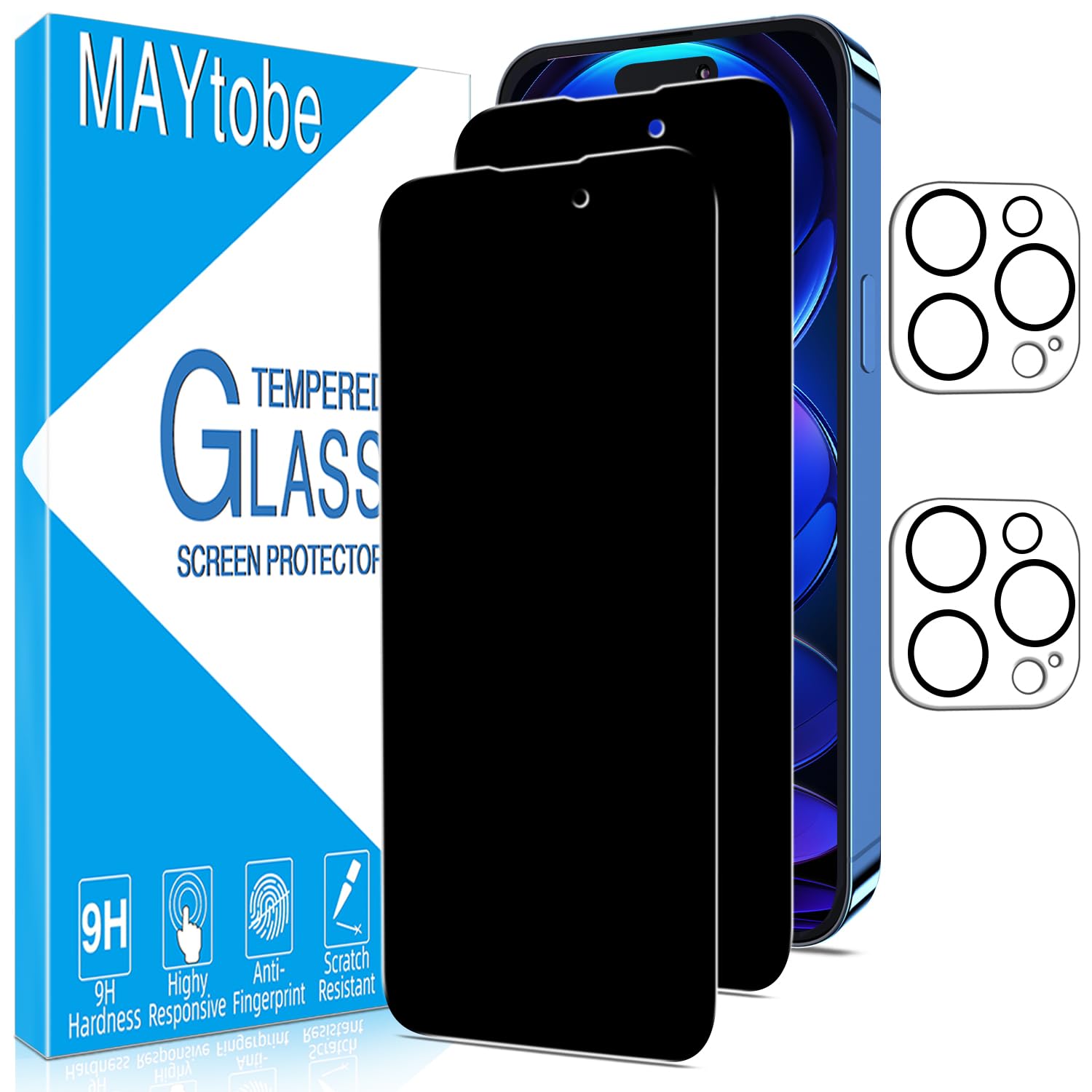 MAYtobe Protector Pantalla Privacidad para iPhone 14 Pro Max | 2+2 Unidades Cristal Vidrio Templado y Lente Cámara, Anti Espía, Antiarañazos, Sin Burbujas, Dureza 9H