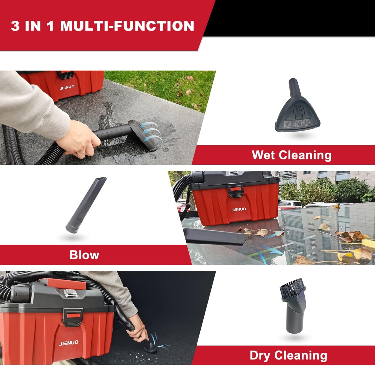 Three images demonstrating the 3-in-1 multi-functionality of the JIENUO shop vacuum: wet cleaning, blowing leaves, and dry cleaning.