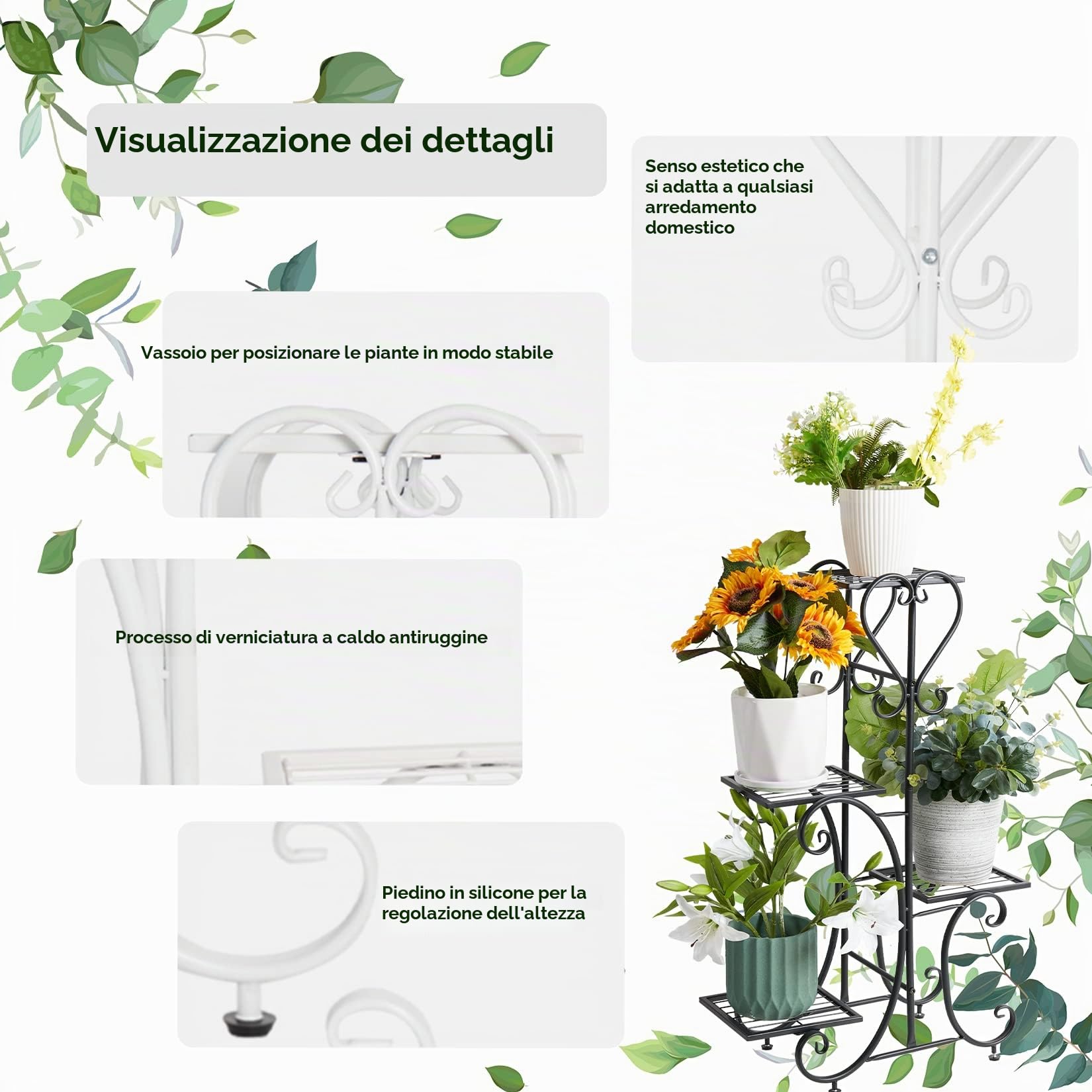 UNHO Espositore per Fiori Ferro: Bianco Verticale Supporto Fioriera in Metallico per Piante orchidee Scaffalatura per interni esterni per 4 Ripiani Scaffale Porta Piante Vasi in Ferro battuto
