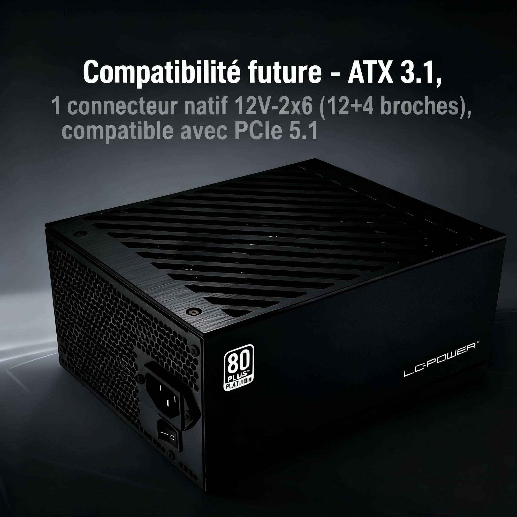 LC-POWER Alimentation PC 850W, 80 Plus Platinum Certified, Bloc d'alimentation ATX 3.1 Entièrement Modulaire, PCIe 5.1, Ventilateur 135mm, Garantie 5 Ans