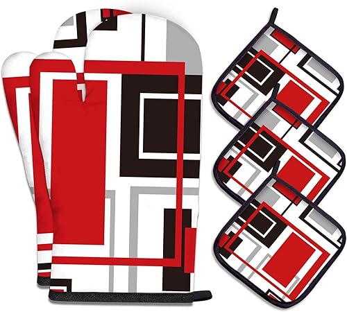 MCALK Juego de 5 manoplas geométricas rojas para horno y soportes para ollas, guantes de horno negros y almohadillas calientes para cocina de