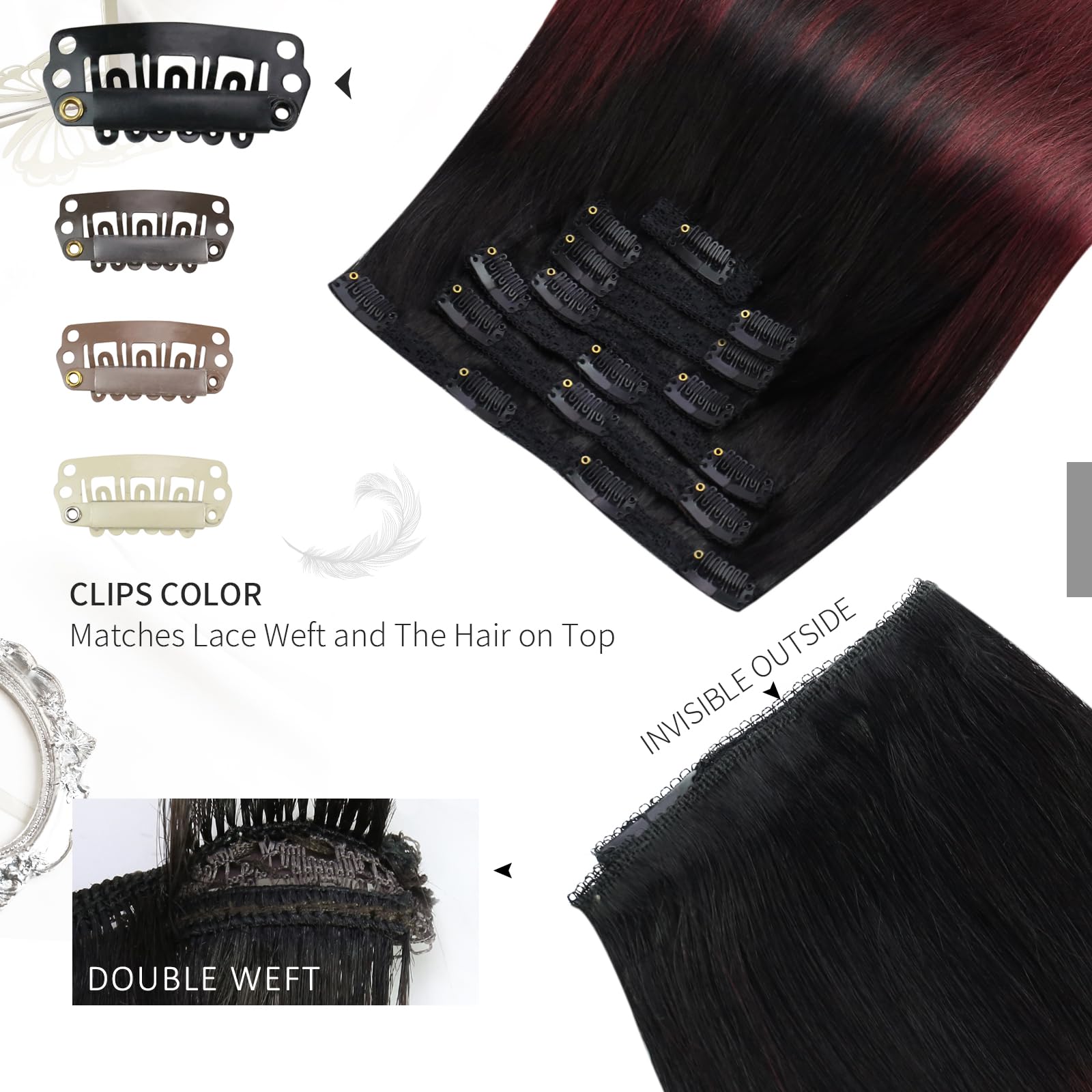 Moresoo 16 Inch Clip in Hair Extensions Real Human Hair Extensions Clip in Remy Human Black Root Ombre Wine Red for Women Full Head Adding Volume Natural Look #1B/99J 7 Pieces/120G - Image 4