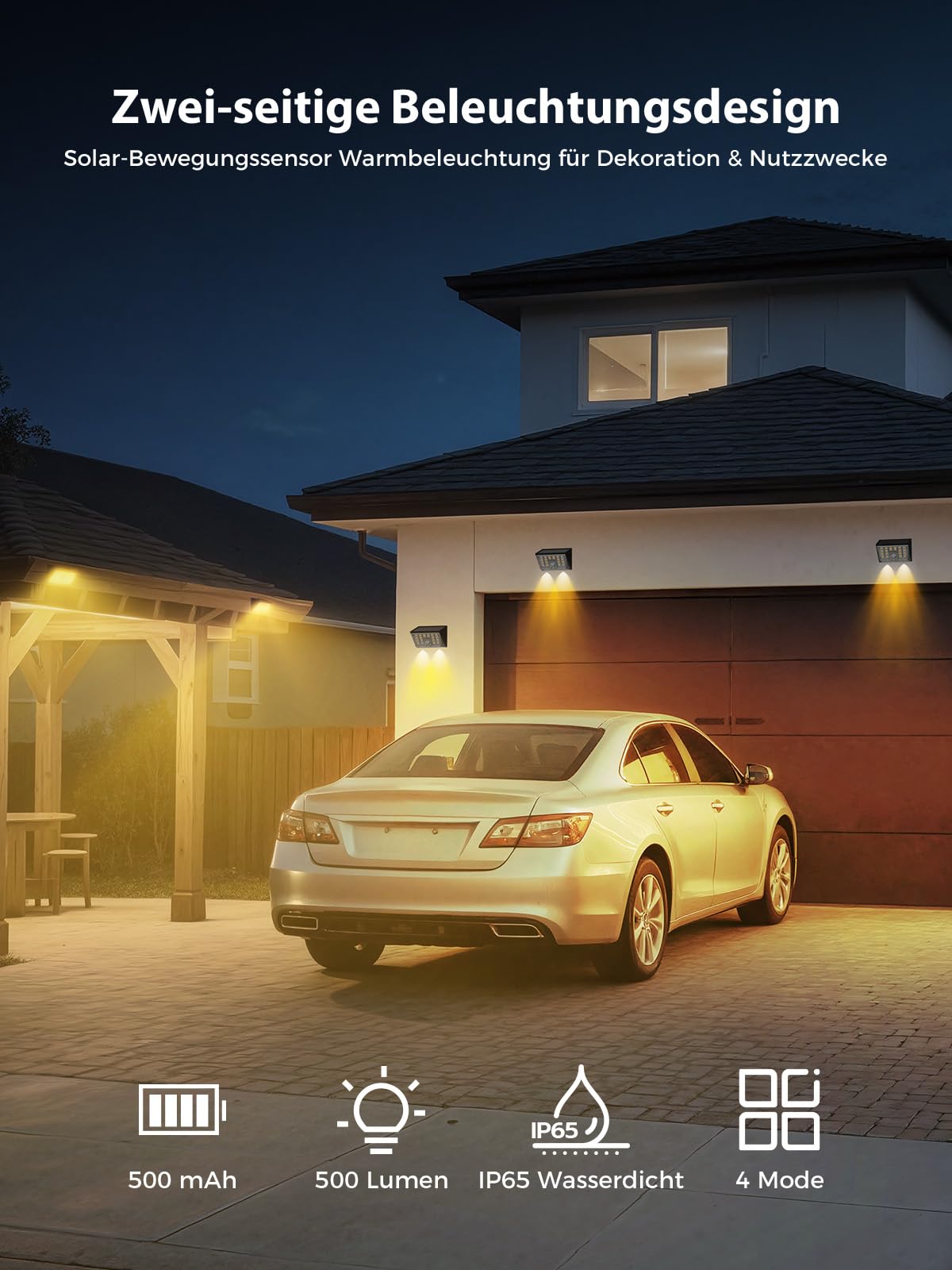 Smiling Shark WL-06 Solarlampen für Außen, 4 Stück Solar Wandleuchte Aussen mit Bewegungssensor 4 Modi & 120° IP65 Wasserdichte LED Super helle Solarleucht für Garten Terrasse Zaun, Warmlicht