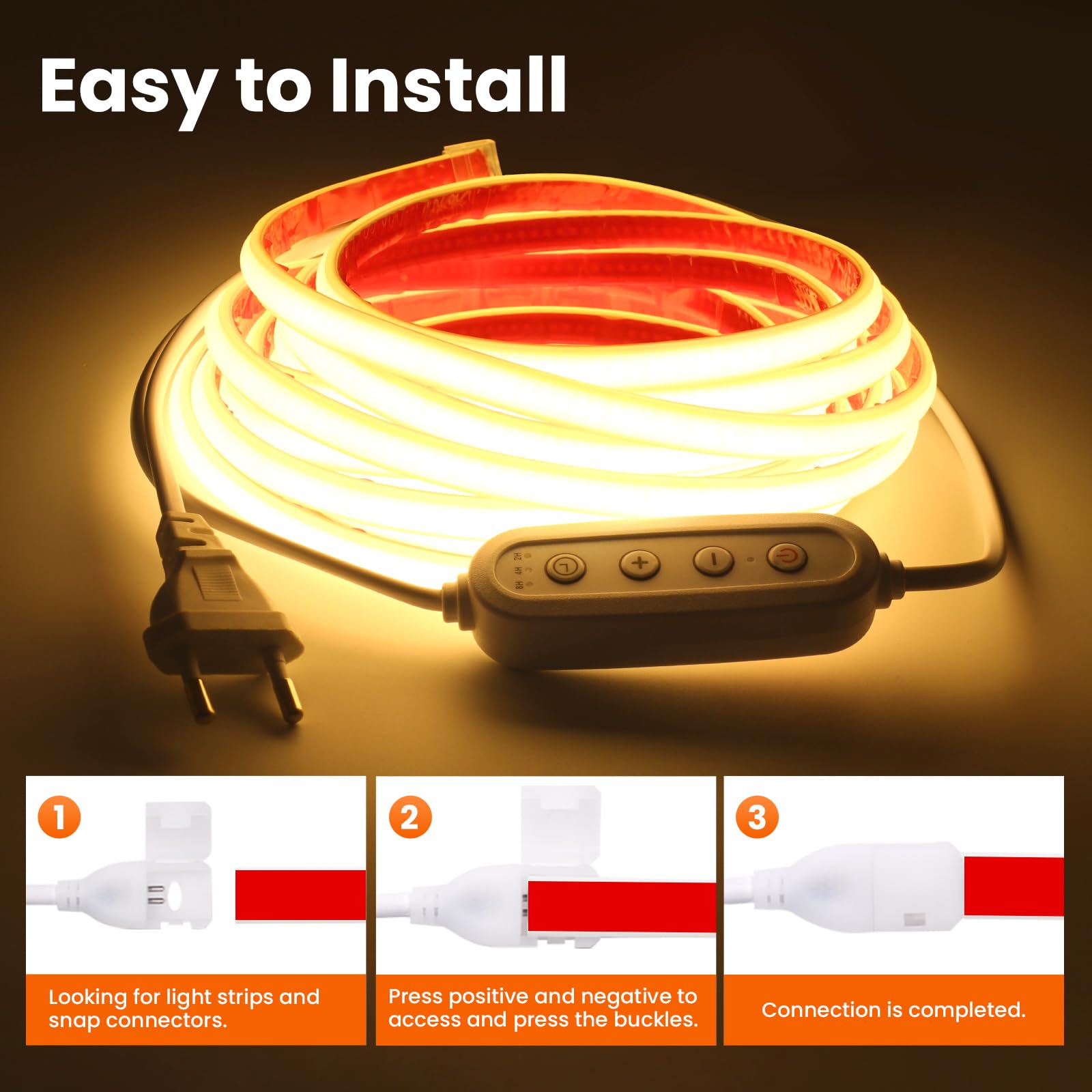 Tira LED neón COB 220V con temporizador/regulación de intensidad [15M, Blanco 6000-6500K], IP65 impermeable flexible, 288 LEDs/m Tira LED FCOB cortable CRI85+, decoración para el hogar