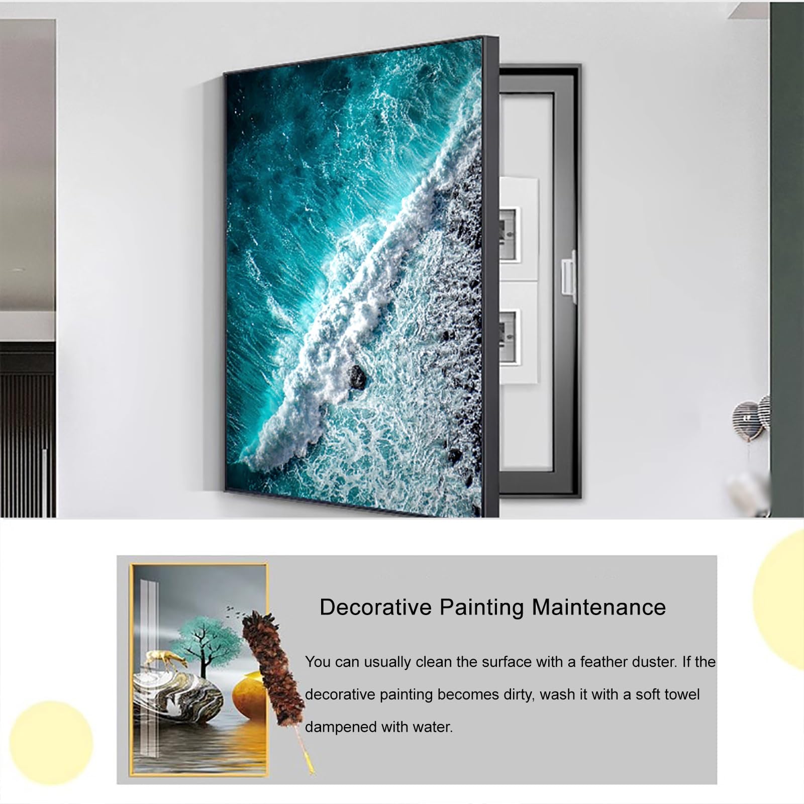 PAKMEZ Copri Cassaforte a Muro Copertura Decorativa, Contatore Flip, Nascondi Copertura Scatola Interruttori, per Appendere, Camera da Letto, Soggiorno, Bagno(Black 7,45 * 55cm/17 * 21in)