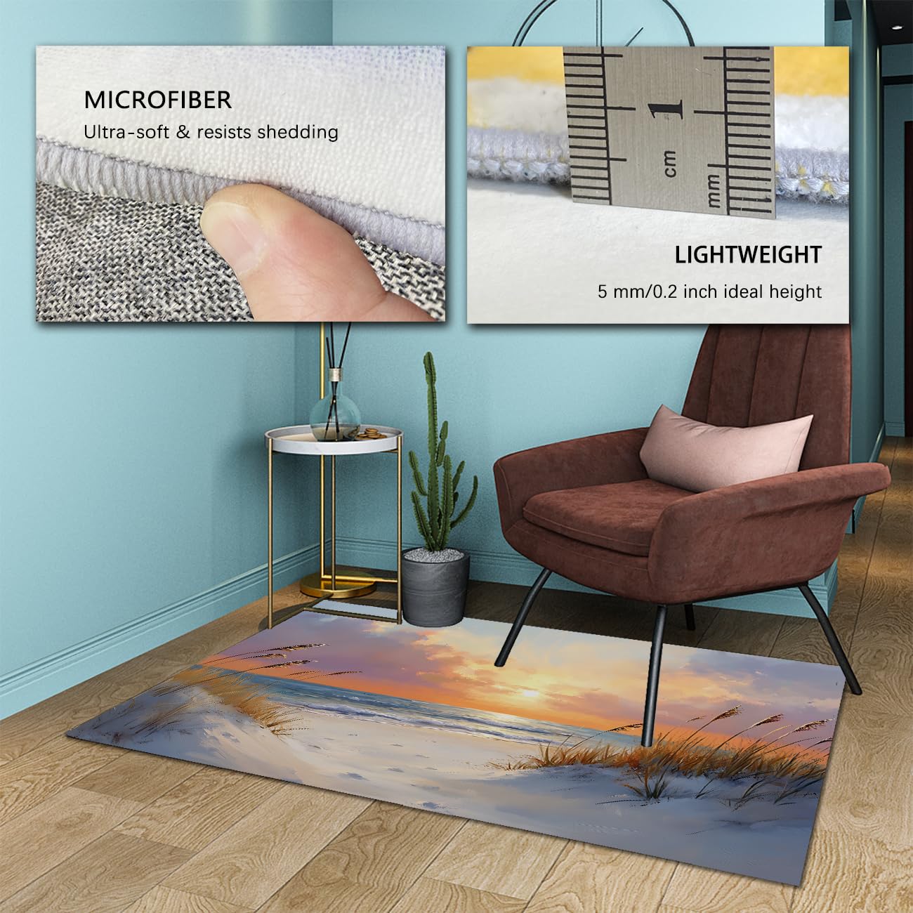 120x160cm Küstenteppich Sonnenuntergang Strand Kurzflor Waschbar