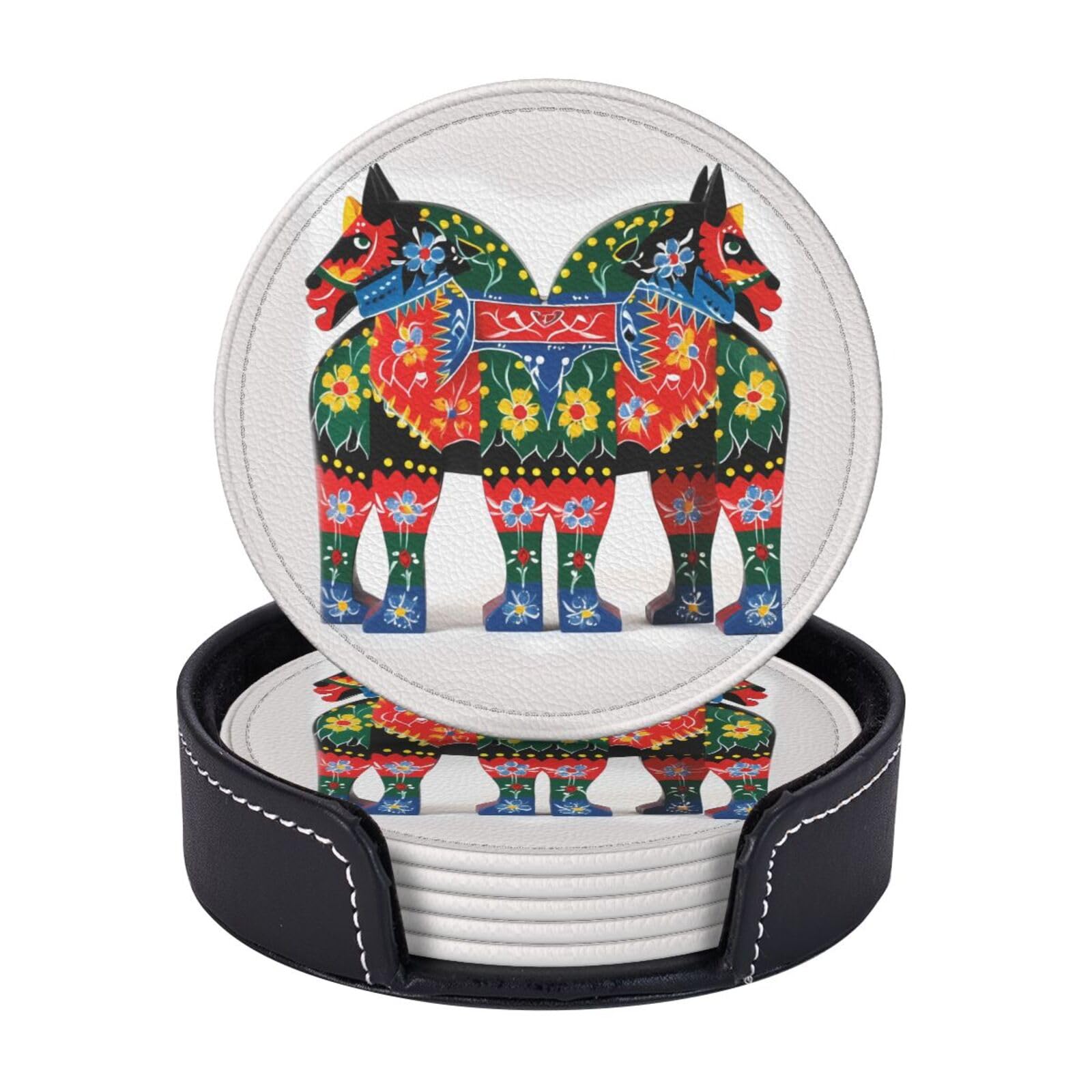 Round Coasters for Drinks Set of 6 - PU Leather Coasters with Holder - Modern Drink Coasters for Coffee Table - Runner Swedish Dala Horse Folk Coaster for Tabletop Protection 4" Cup Mat Pad