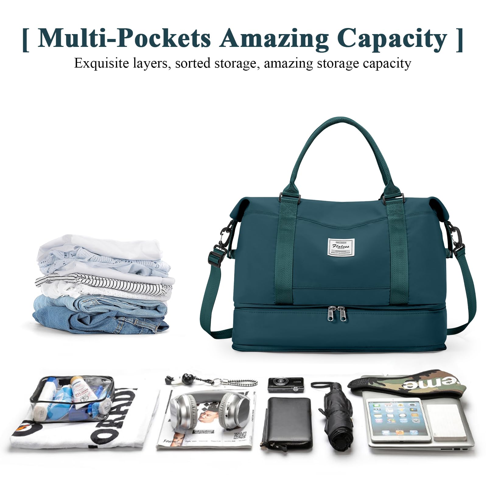 Borsone da Viaggio Donna, 40x20x25 Ryanair Bagaglio a Mano Borsa da Viaggio con Scomparto per le Scarpe, Borsa Sportiva Borsone da Palestra Grande, Borsa da Weekend,Borsa per Ospedale,F4-Blu pavone