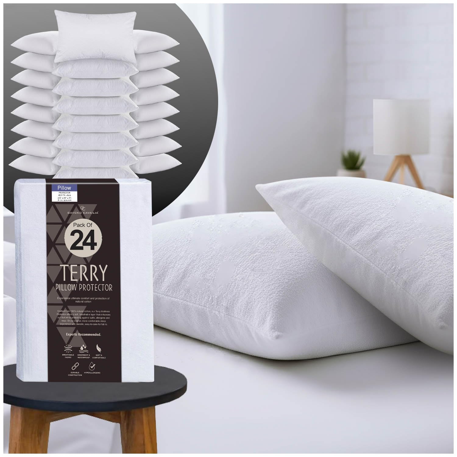 GC GAVENO CAVAILIA Terry Towel Waterproof Pillow Protectors - Pack of 12 Pillow Covers – Anti Allergy Towelling Pillow Protectors - Soft & Breathable - White