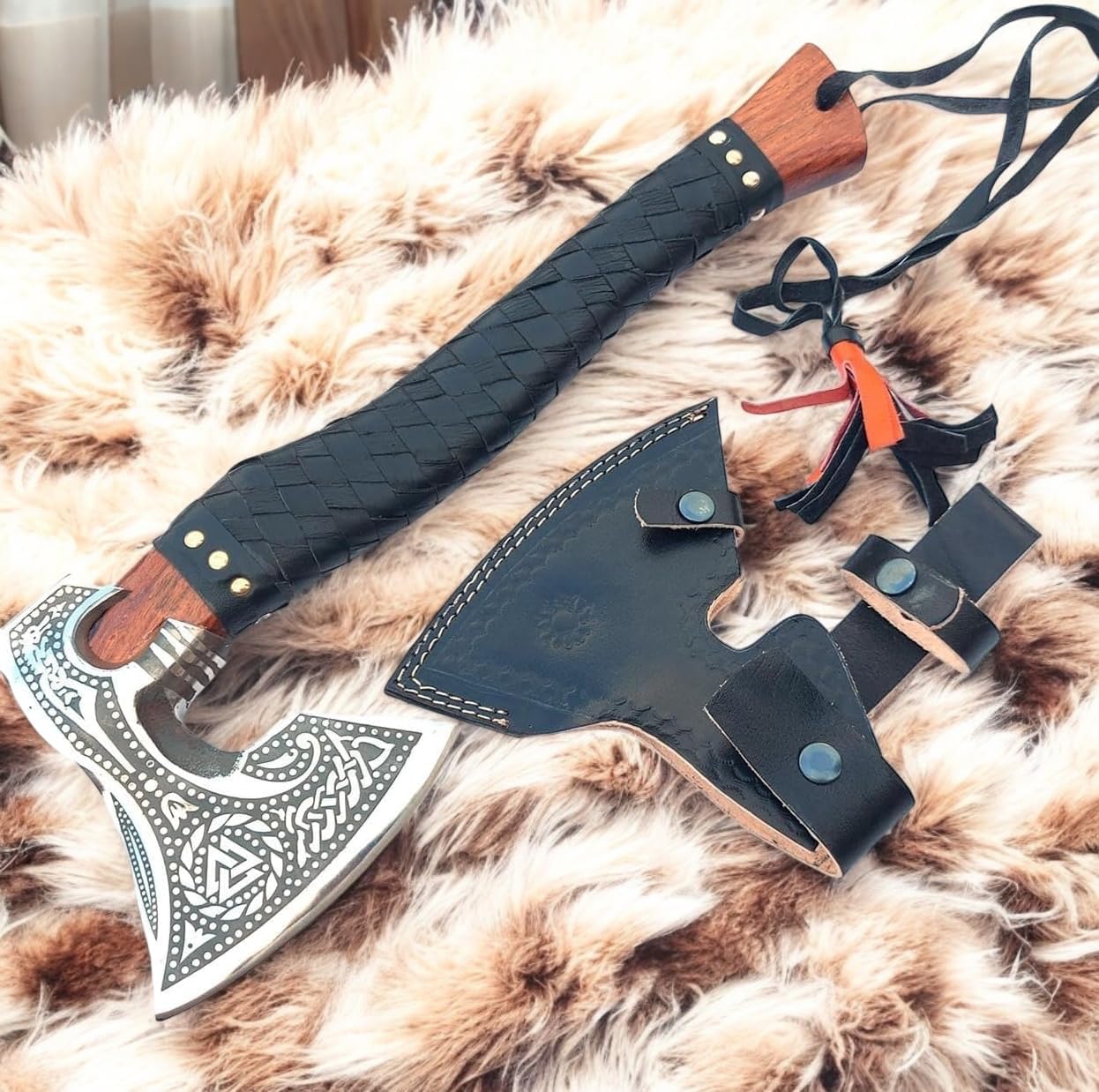 Poshland AX-7000 Custom Gift Forged Carbon Steel Viking Axe with Rose Wood Shaft, Viking Bearded Camping Axe (AX-7000) (AX-7091)