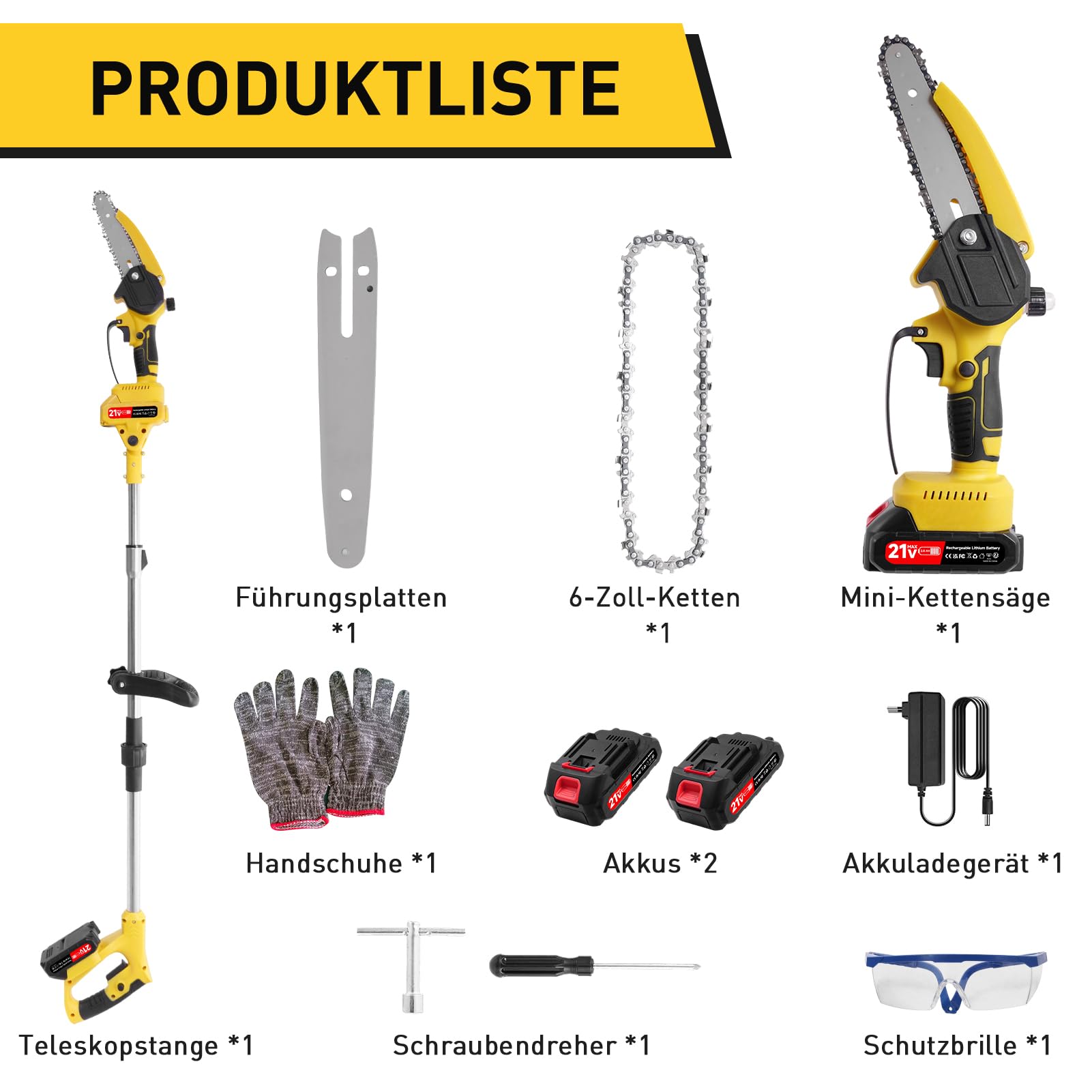 2-in-1 Akku-Astschere & Hochentaster mit Teleskopstiel – 21V,2x2000mAh,2600W – ausziehbar bis 1,72m,Edelstahl+ABS – multifunktionales Astsäge-Set für Baumschnitt,Heckenschnitt & Gartenpflege.
