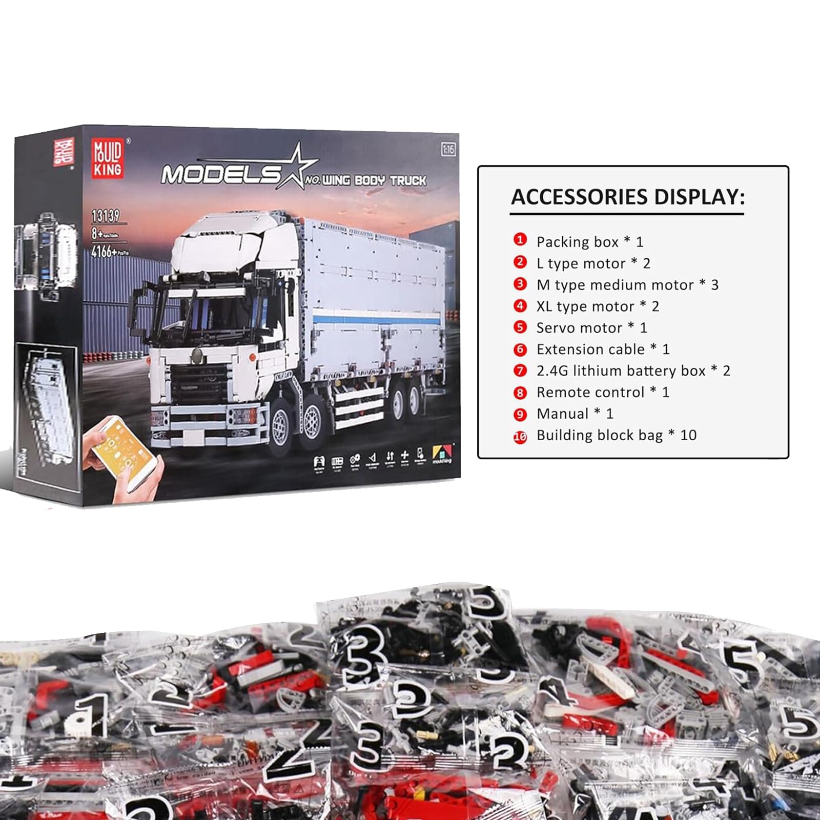 Mould King 13139 Kit di costruzione per camion, telecomando App R/C Mobile Wing Booy Truck, un modello di costruzione di un camion contenitore con carte jolly con 8 motori (4166 pezzi)