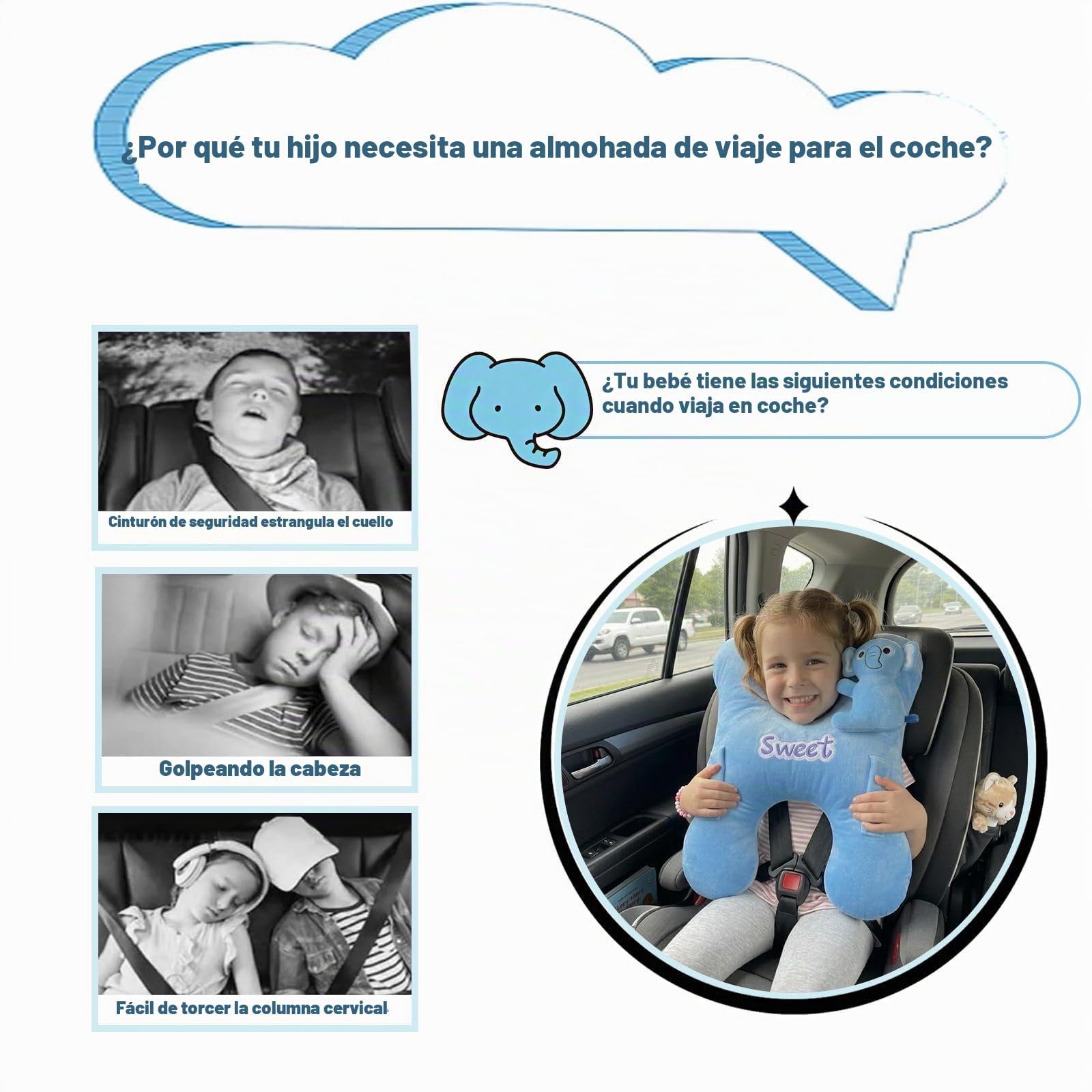 Devineresse Almohada de Viaje para Niños Almohada Coche niños | almohada coche niños Forma H con Apoyacabeza Lateral Desmontable Almohada para Dormir en Coche en Viajes Largos