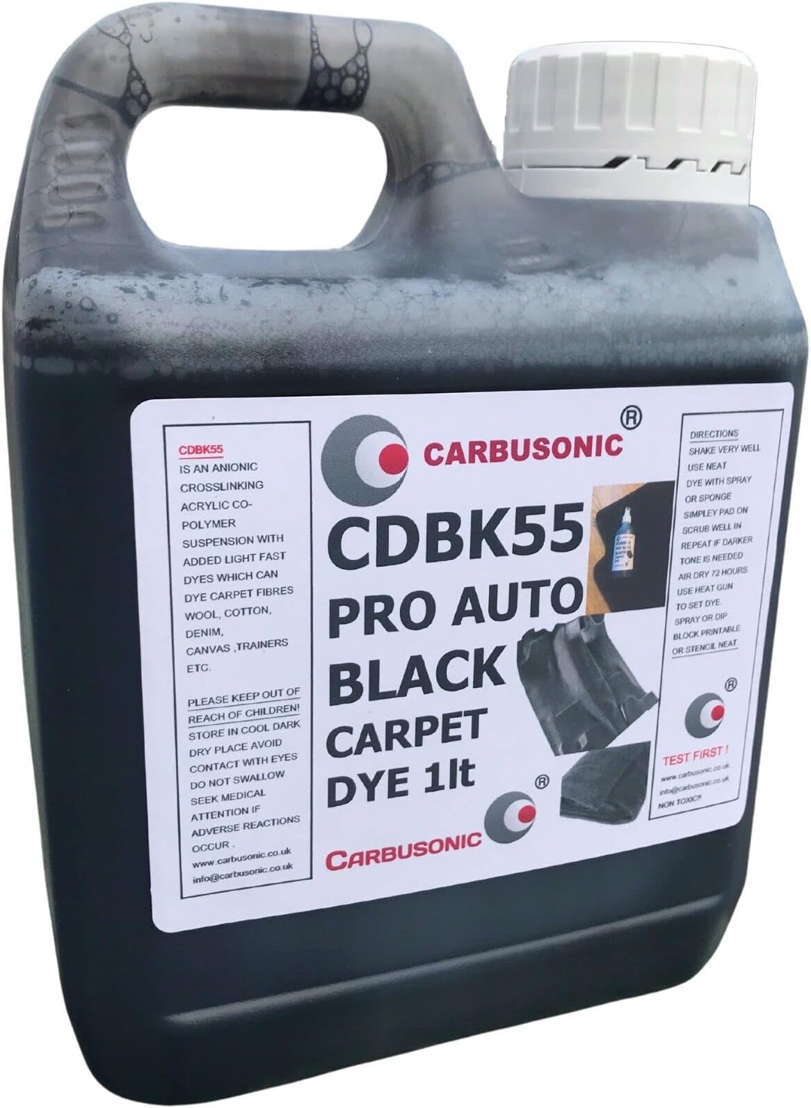 Carbusonic Black Carpet dye 1 Litre, Black Water Based Pigment for Automotive Carpet Dying New Formula.