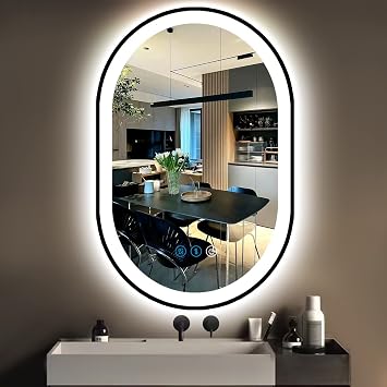 THEKLA Black Frame Oval LED Mirror for Bathroom Makeup Wall Horizontal Vertical Mounted 16 x 24 Inch Black Framed Oval Lighted Vanity Mirror with Lights Frame Smart Memory 3 Color Dimmable AntiFog