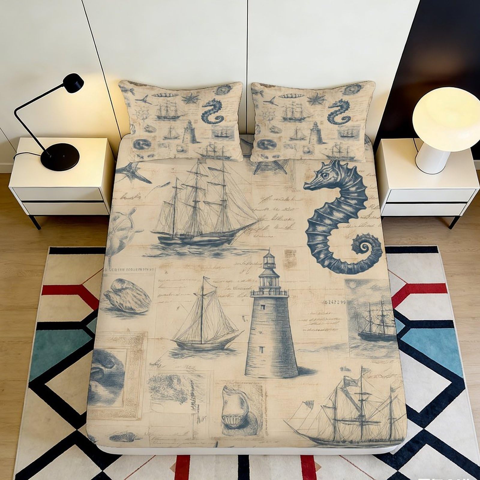 3D Printed Nautical Ocean Fitted Sheet Microfiber Soft Lighthouse Sailboat Mattress Cover for Bedroom Guest Room Decor 90x200x25cm