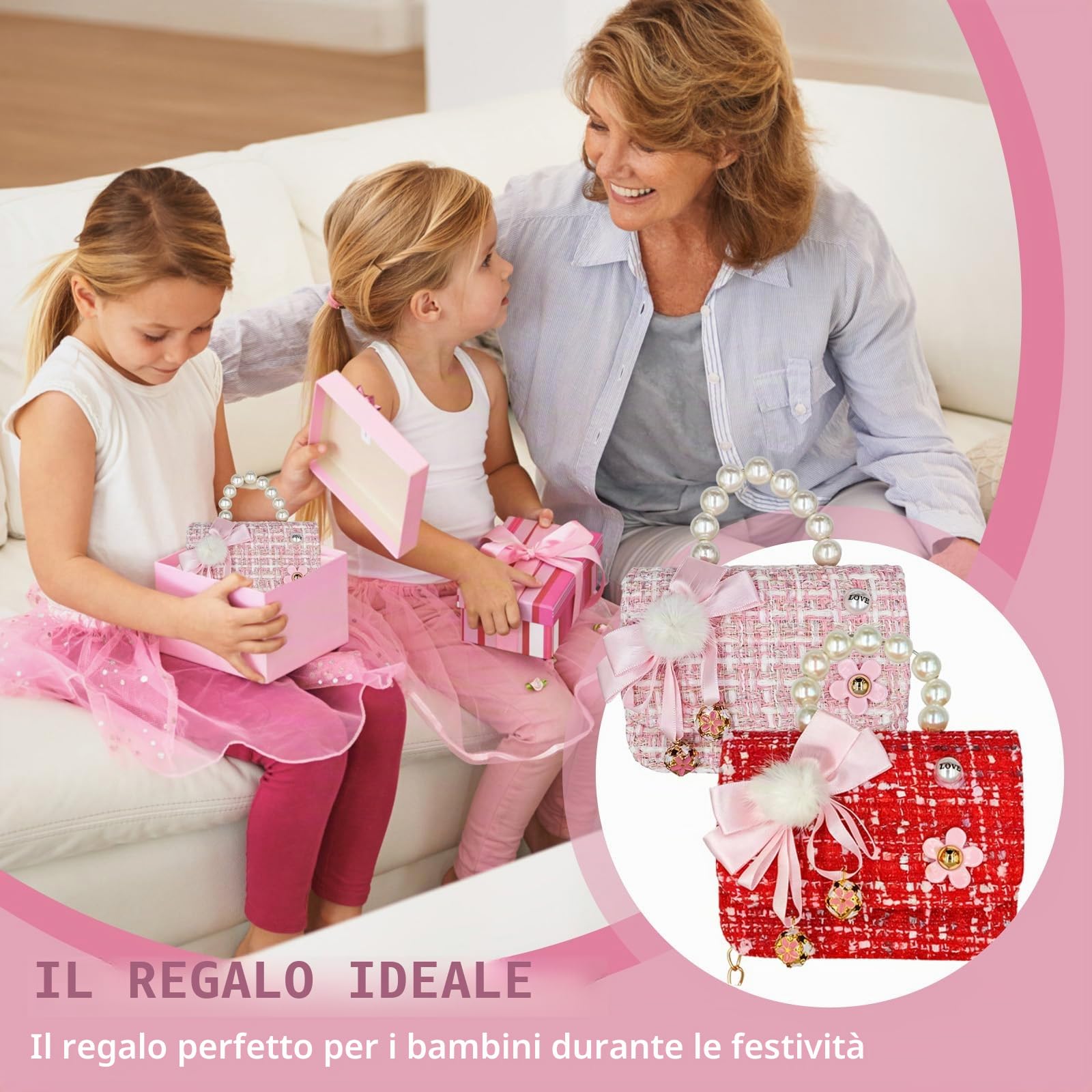 Borsetta per Bambina, Mini Borsa a Tracolla con Fiocco Carino e Campanellino | Regalo per Bambine di 2 3 4 5 Anni