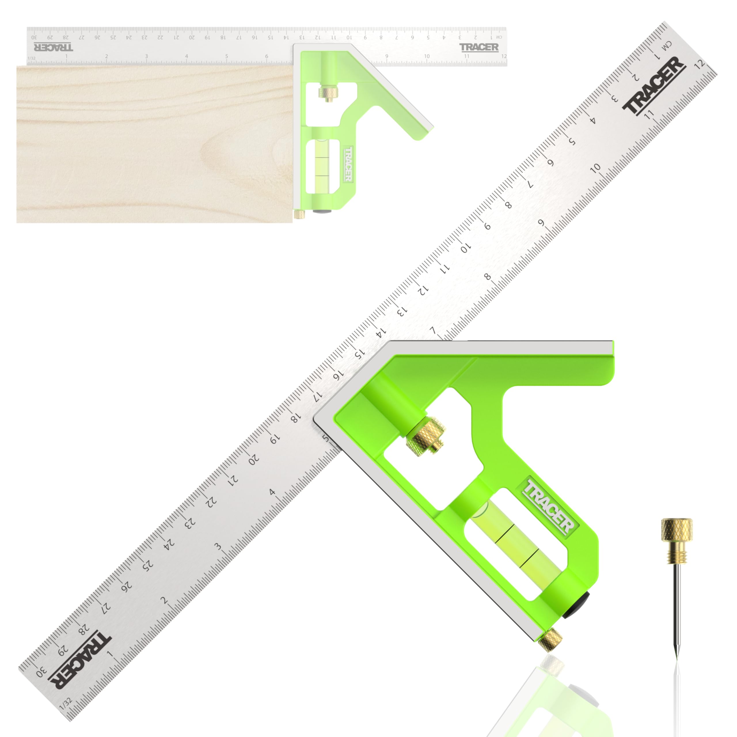TRACER Combinación cuadrada de 300 mm. Herramienta de medición de 45/90 grados con nivel de burbuja integrado y herramienta de escritura. Escalas métricas e imperiales