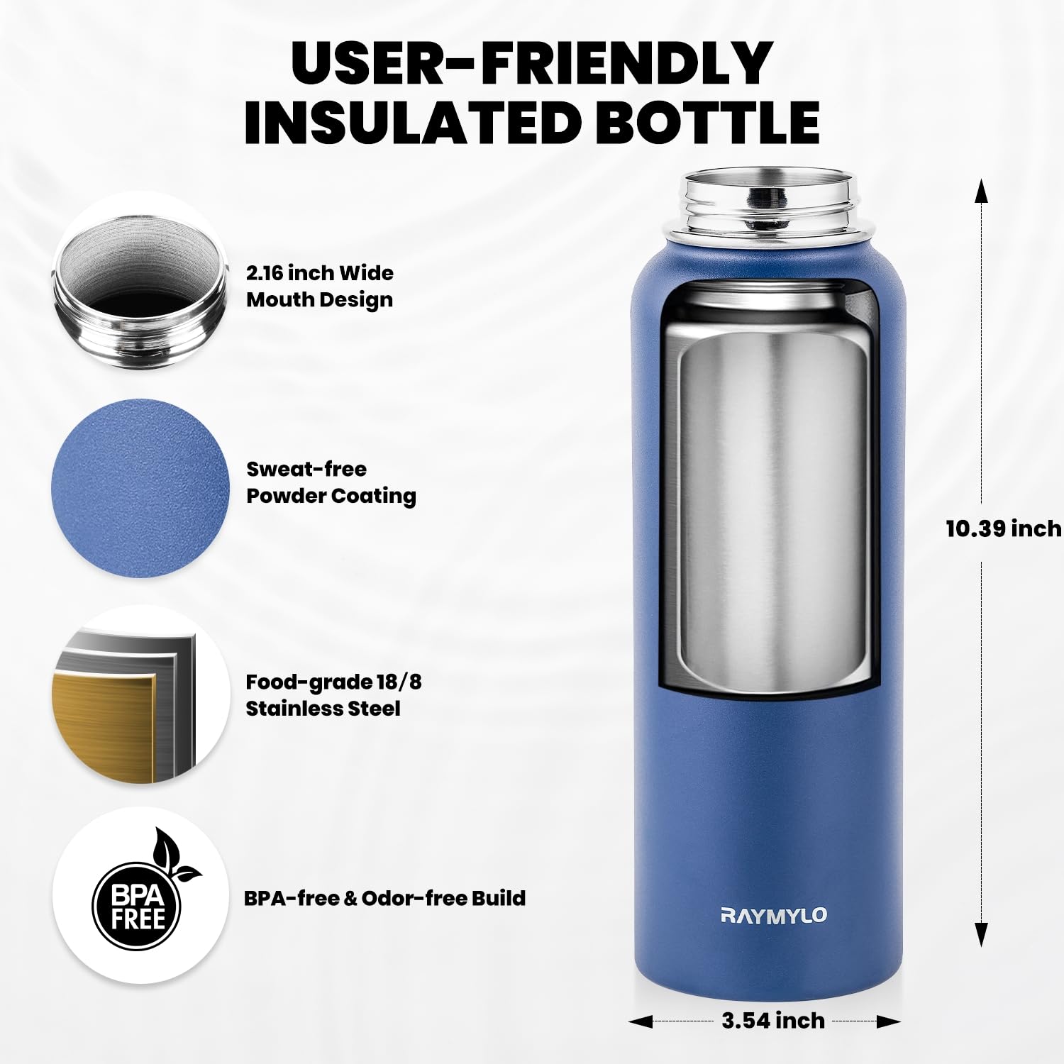 RAYMYLO Insulated Stainless Steel Water Bottle with Straw & Spout Lids - Image 5