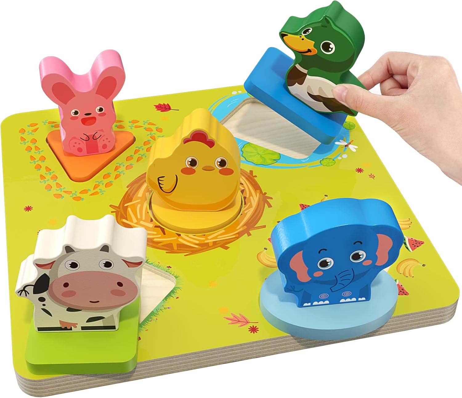 Tacobear Wooden Peg Puzzles for Toddlers Farm Animals Chunky Wooden Puzzle Baby