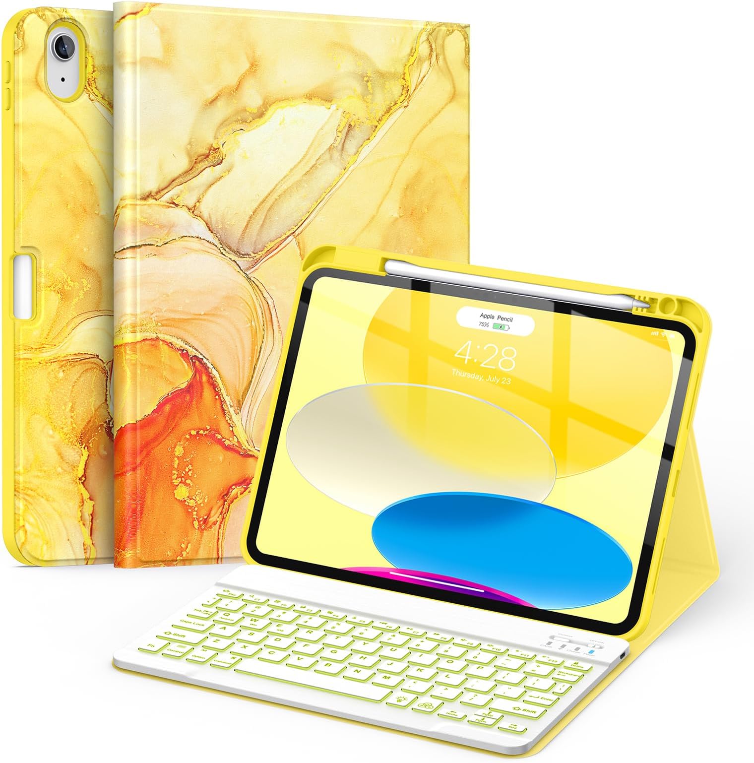 Soke for iPad (A16) 11th/10th Generation Case with Keyboard(2025/2022)-7 Color Backlight Wireless Detachable Folio Keyboard Cover with Built-in Pencil Holder for iPad 11/10.9 inch, Yellow Marble