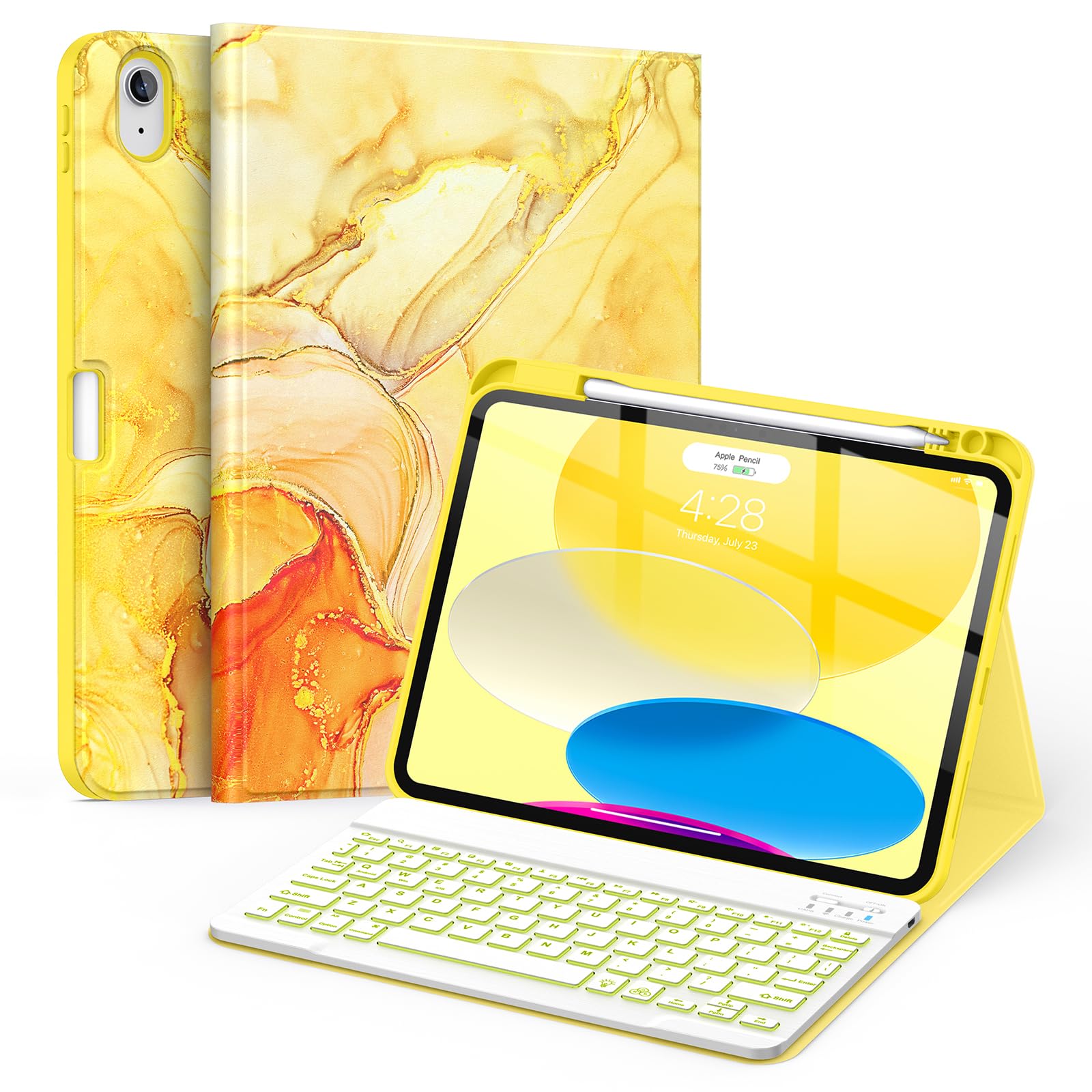 Soke for iPad (A16) 11th/10th Generation Case with Keyboard(2025/2022)-7 Color Backlight Wireless Detachable Folio Keyboard Cover with Built-in Pencil Holder for iPad 11/10.9 inch, Yellow Marble