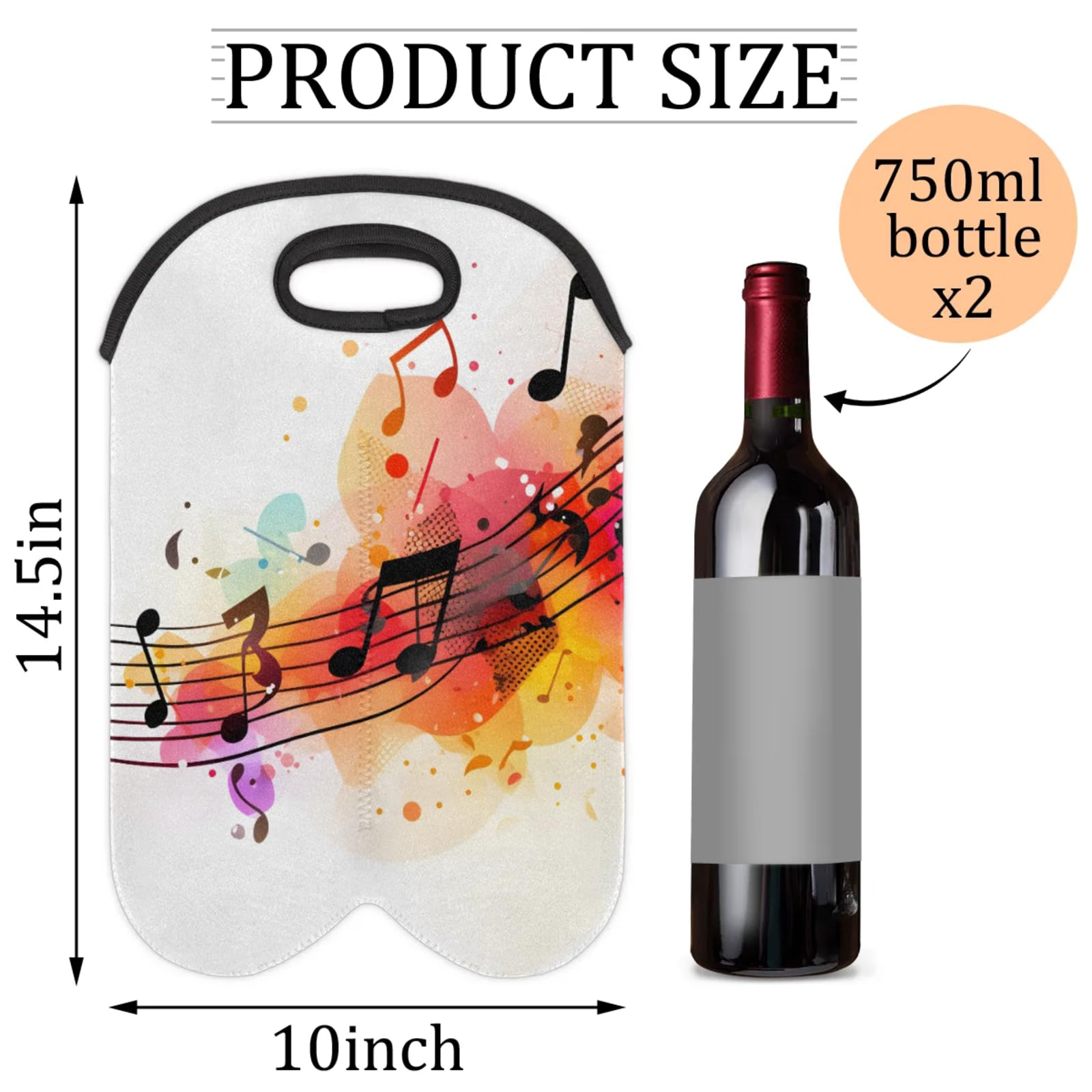 GzLeyigou 2 Bottles Musical Notation Wine Bag Sleeve Totes Neoprene Protective Wine Carrier Bag for Wine,Water, Champagne, Beer, Baby Bottles,Gift 14.5 x 10 Inches